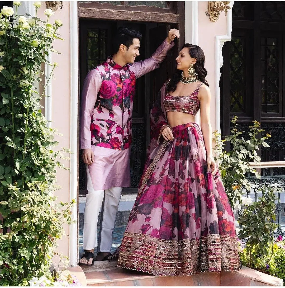 Soft Pink Floral Print With Zari Sequins Work Party Wear Lehenga - qivii