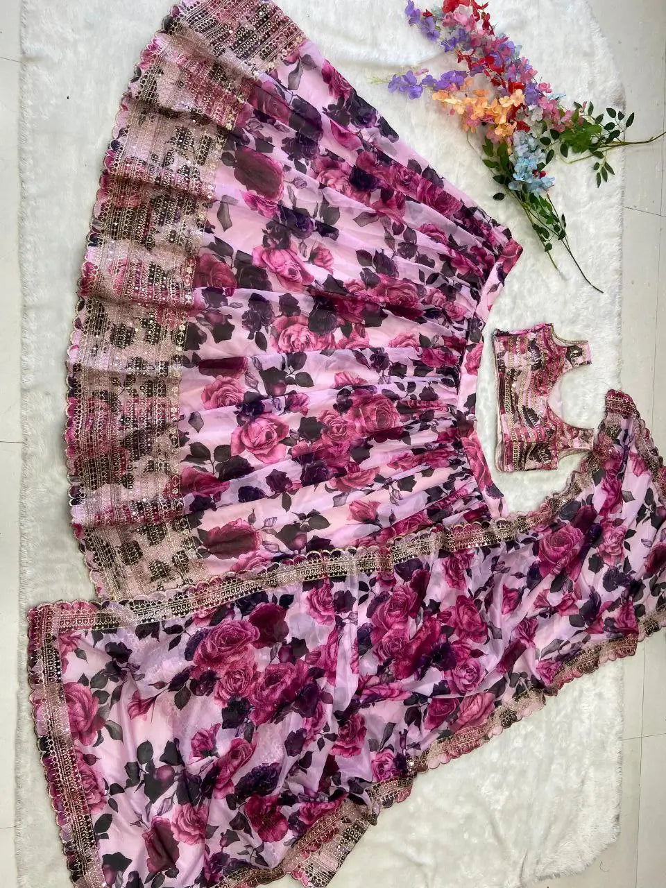 Soft Pink Floral Print With Zari Sequins Work Party Wear Lehenga - qivii