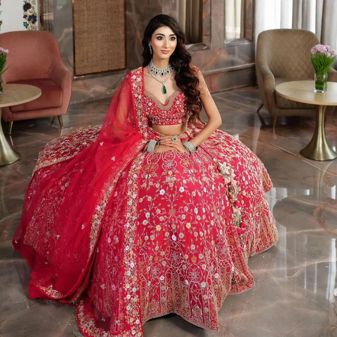 Pinkish Red Satin Lehenga With Multi Thread Heavy Sequins Embroidery Work - qivii
