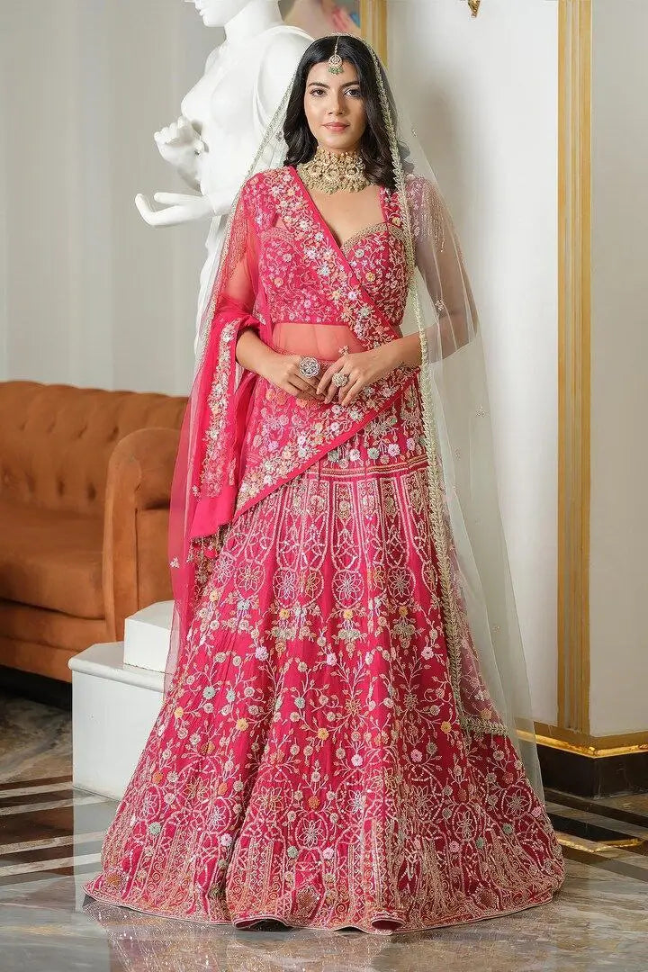 Pinkish Red Satin Lehenga With Multi Thread Heavy Sequins Embroidery Work - qivii