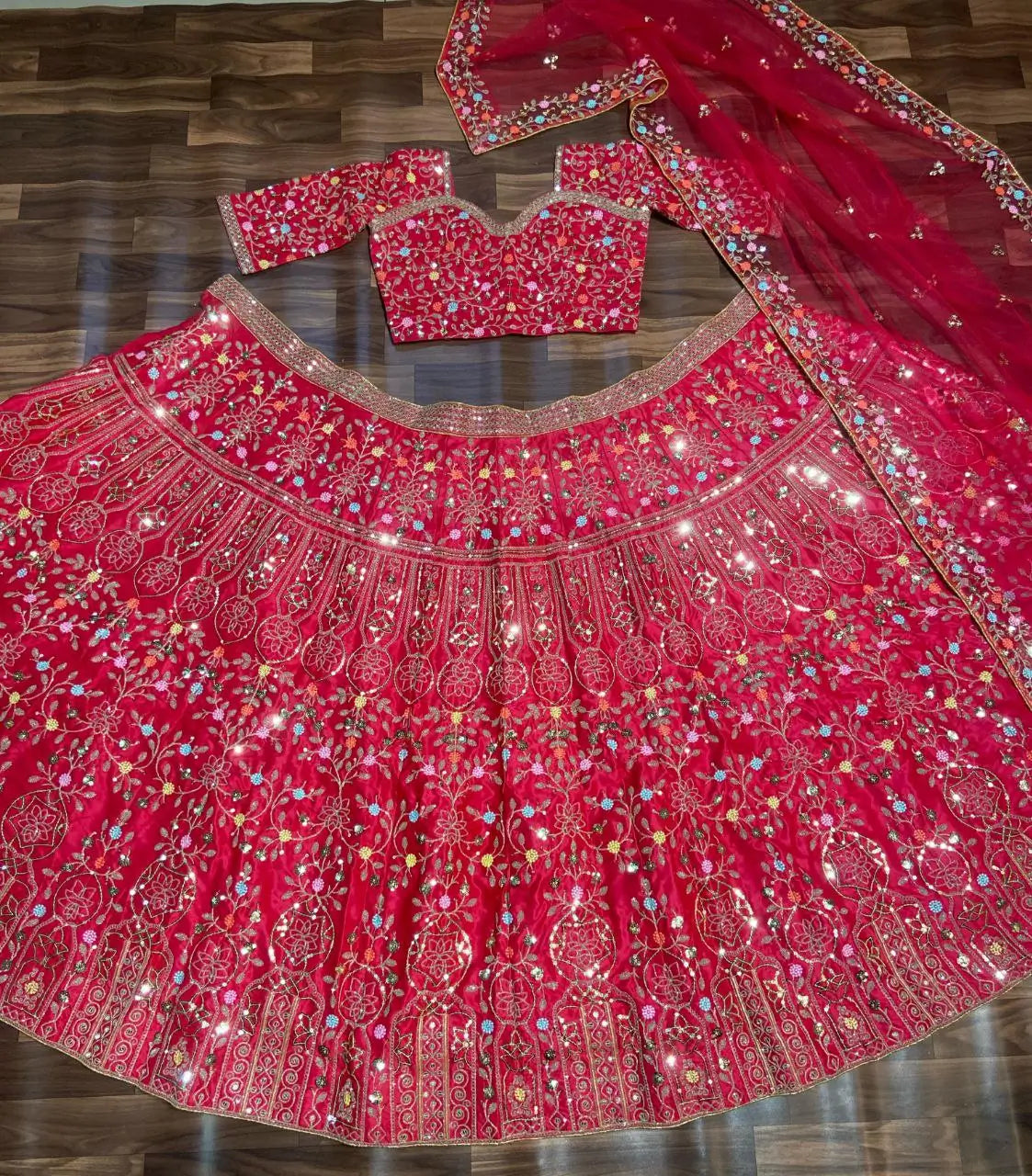 Pinkish Red Satin Lehenga With Multi Thread Heavy Sequins Embroidery Work - qivii