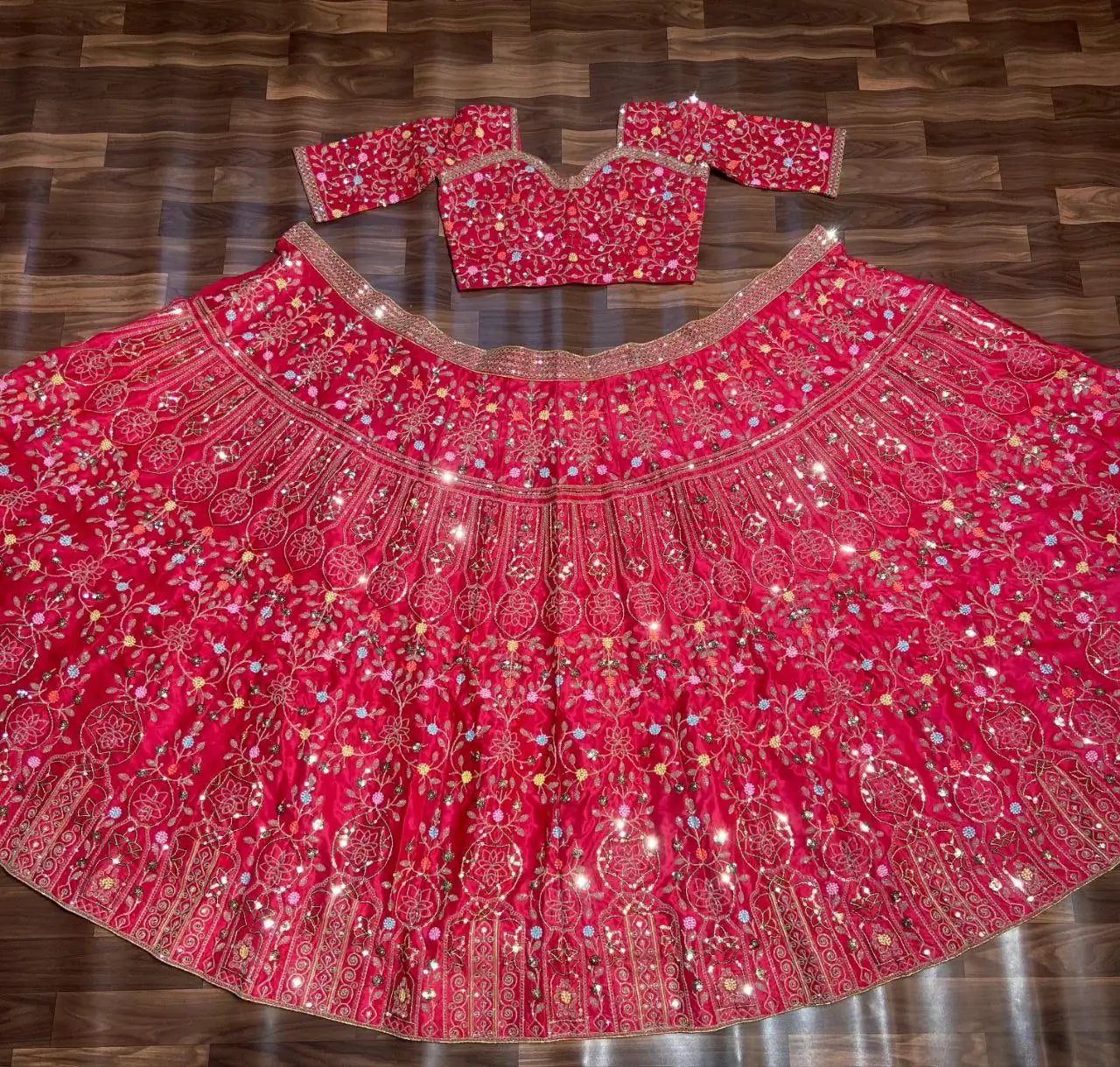 Pinkish Red Satin Lehenga With Multi Thread Heavy Sequins Embroidery Work - qivii