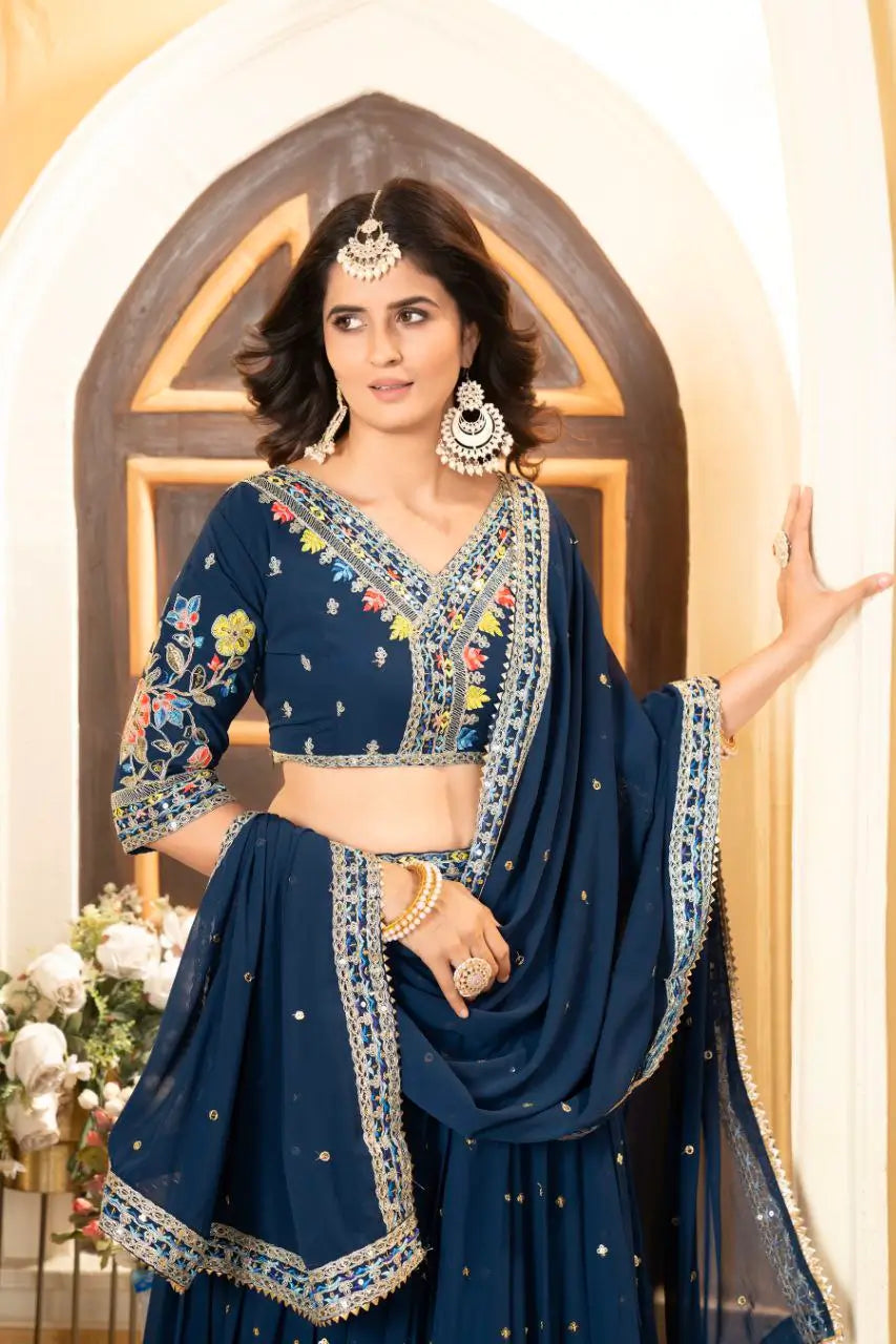 Nile Blue Georgette Lehenga With Multi Color Thread Embroidery Coding And Sequins Work | Ready To Wear - qivii