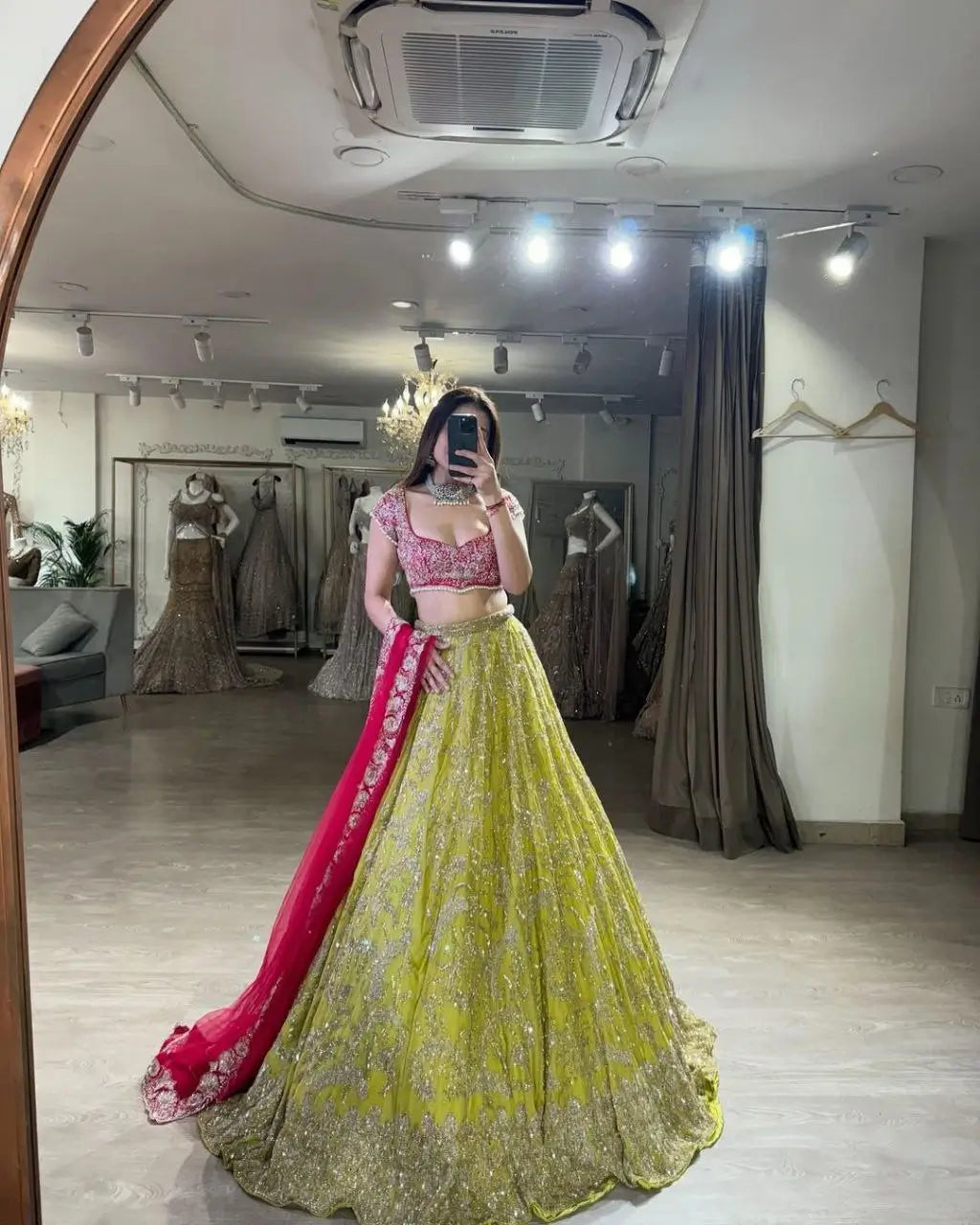 Pea Green Georgette Lehenga With Shimmer Dori And Sequins Work