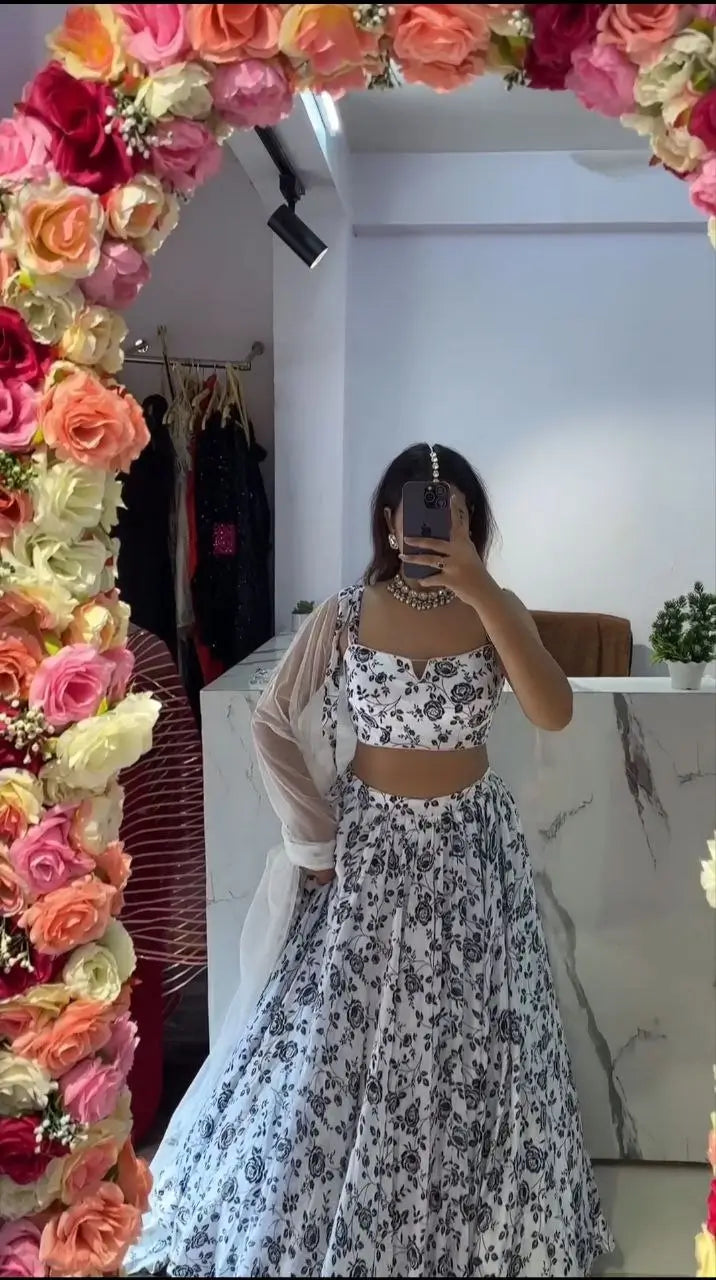 White And Black Chinon Silk Lehenga With Floral Digital Print | Ready To Wear - qivii