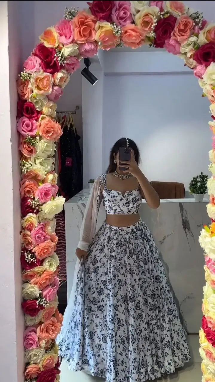 White And Black Chinon Silk Lehenga With Floral Digital Print | Ready To Wear - qivii