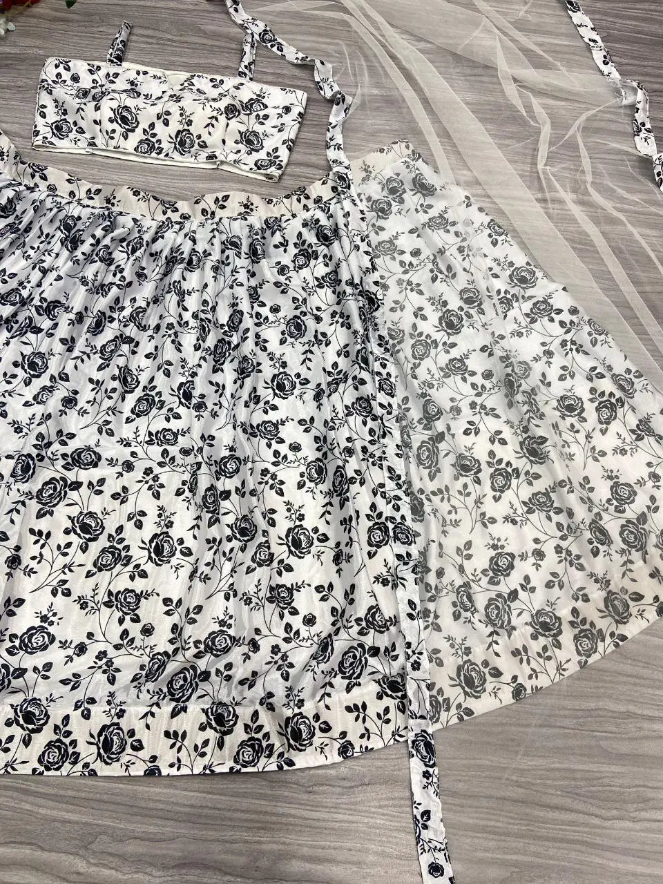 White And Black Chinon Silk Lehenga With Floral Digital Print | Ready To Wear - qivii