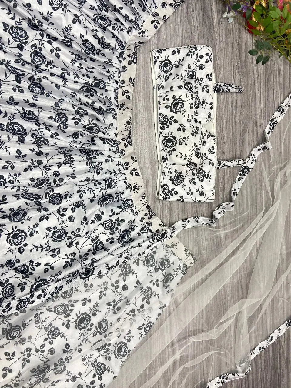 White And Black Chinon Silk Lehenga With Floral Digital Print | Ready To Wear - qivii