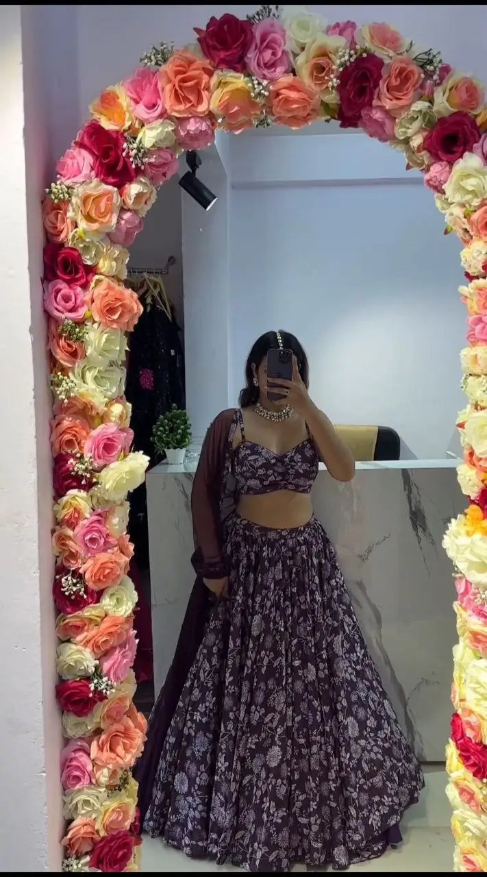 Purple Wine Chinon Silk Lehenga With Floral Digital Print And Dupatta | Ready To Wear - qivii