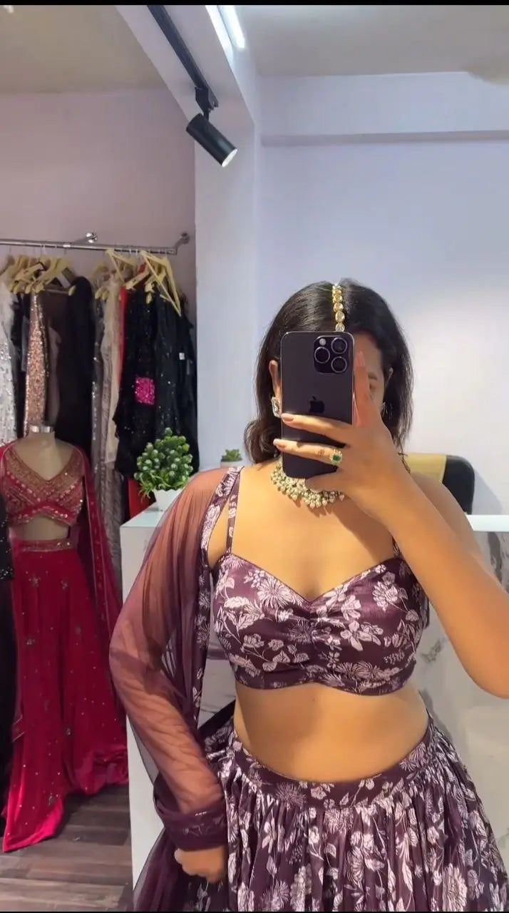 Purple Wine Chinon Silk Lehenga With Floral Digital Print And Dupatta | Ready To Wear - qivii