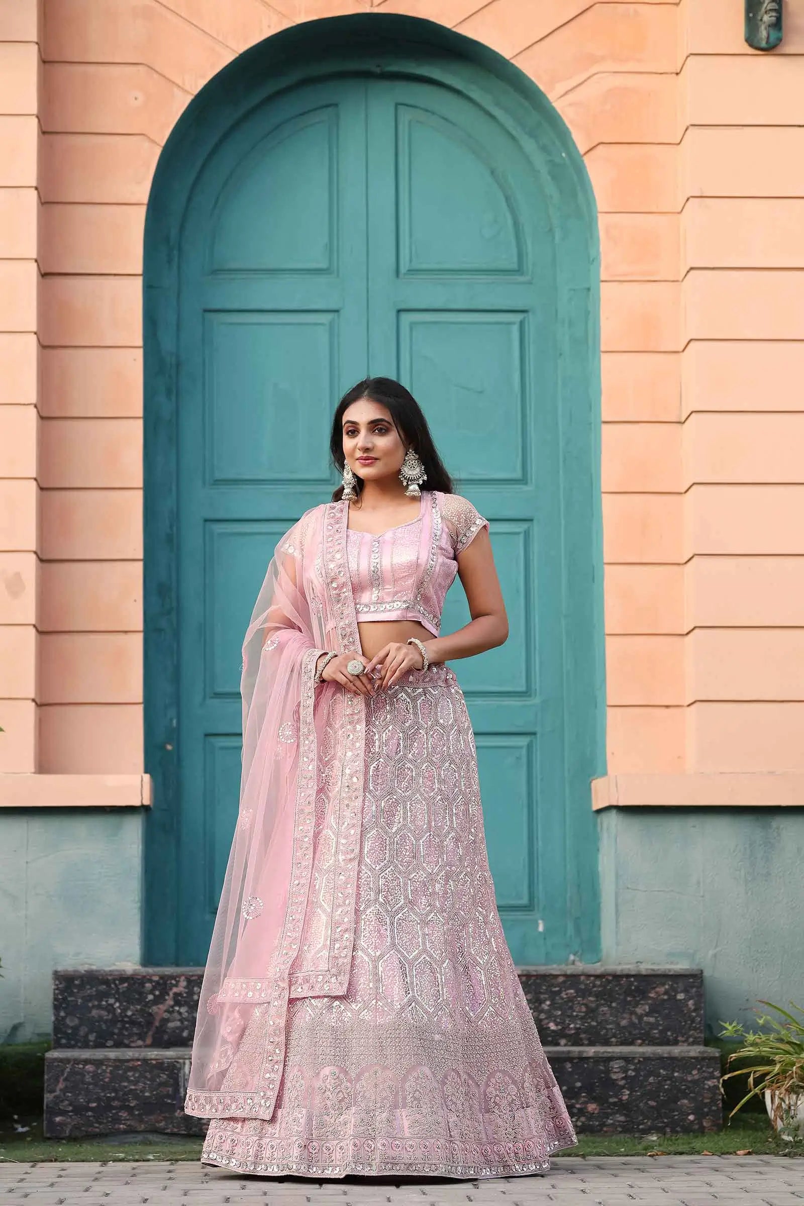 Light Pink Net Lehenga With Embroidery Glitter Dori And Heavy Sequins Work | Ready To Wear - qivii