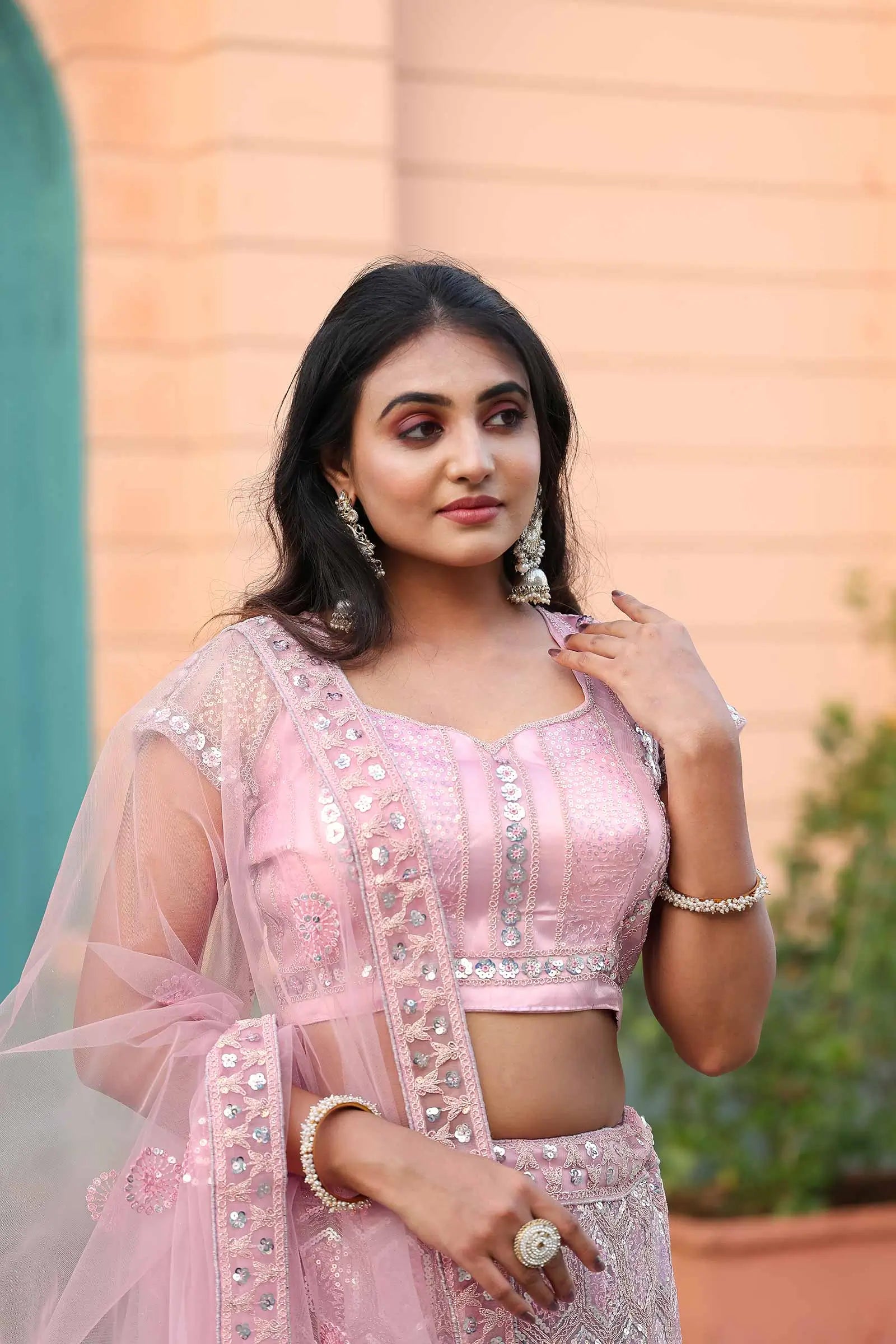 Light Pink Net Lehenga With Embroidery Glitter Dori And Heavy Sequins Work | Ready To Wear - qivii