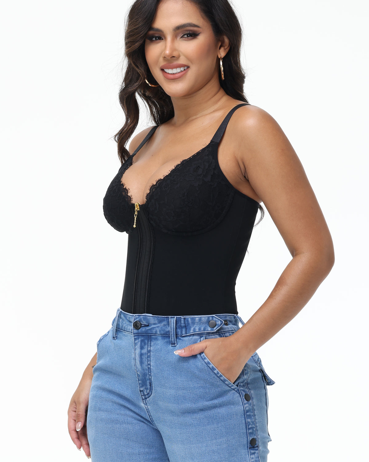 Shapshe® Deep V Lace Corset Top Trimmed Waist Trainer with Front Zipper - By Qivii