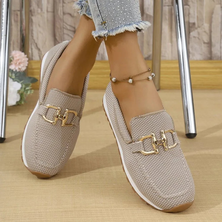 Beige women's orthopedic loafers by Hudson Ridge featuring comfortable slip-on design and supportive sole from Qivii.