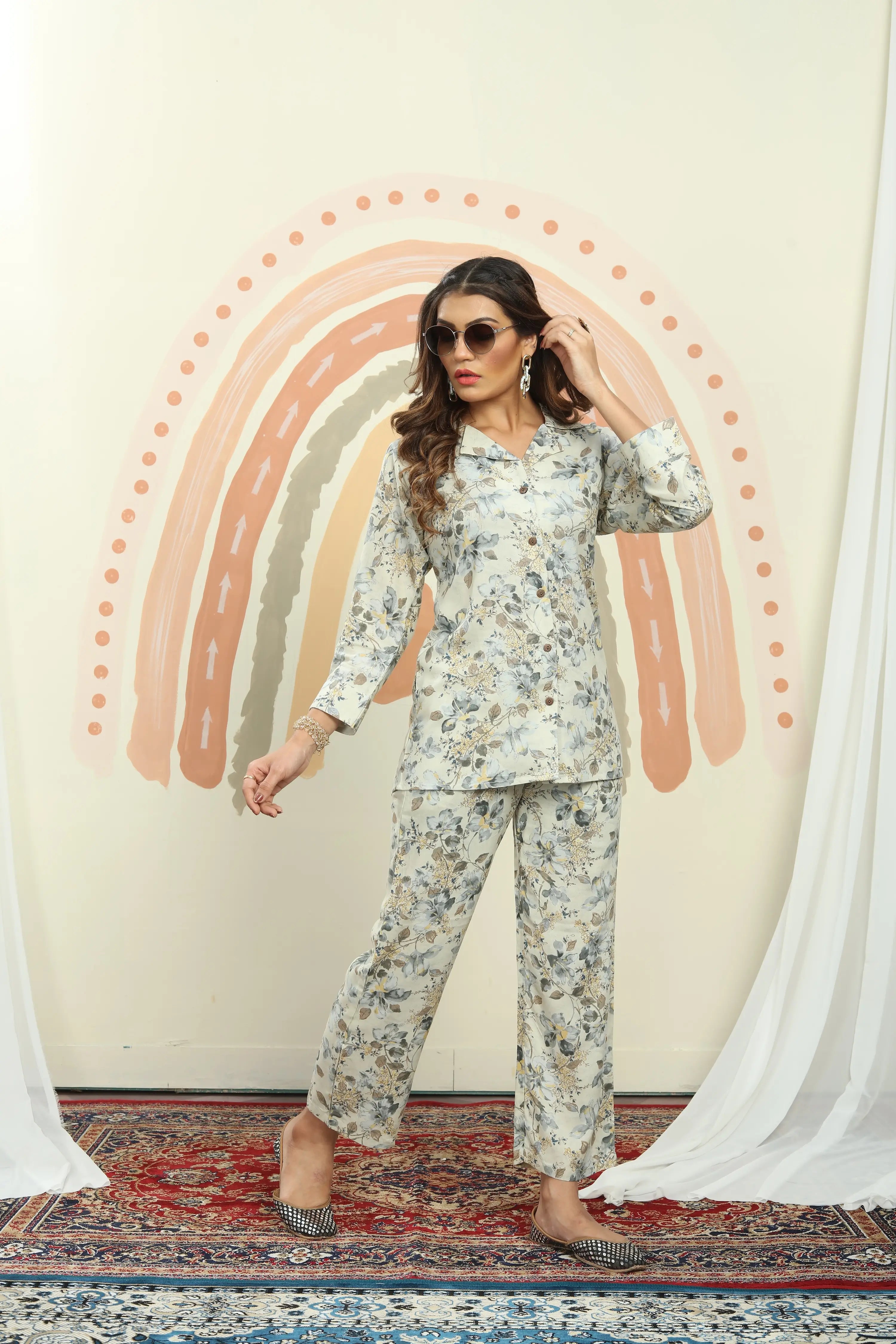 Beige Floral Print Co-ord Set - qivii