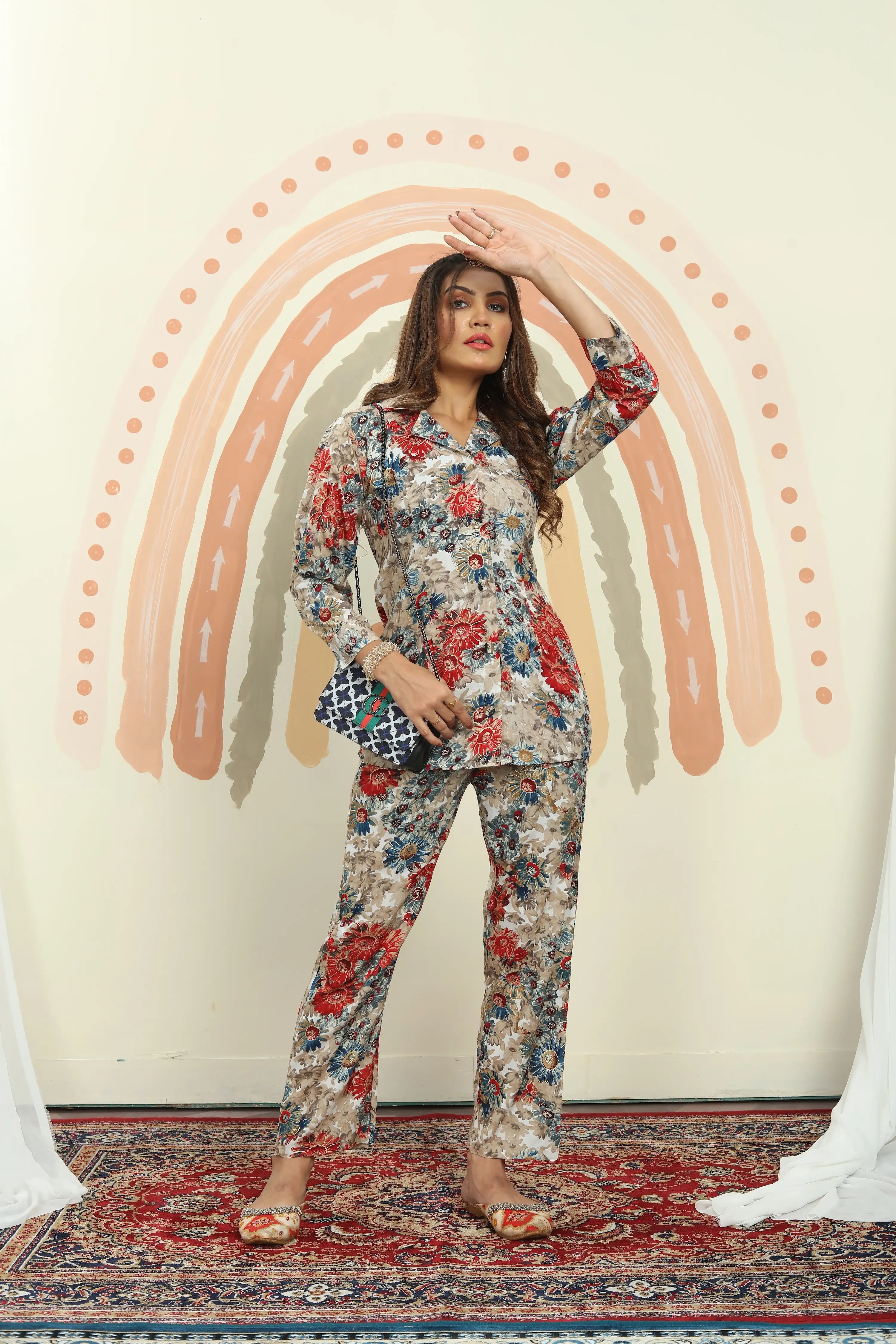 Blue And Beige Floral Print Co-ord Set - qivii