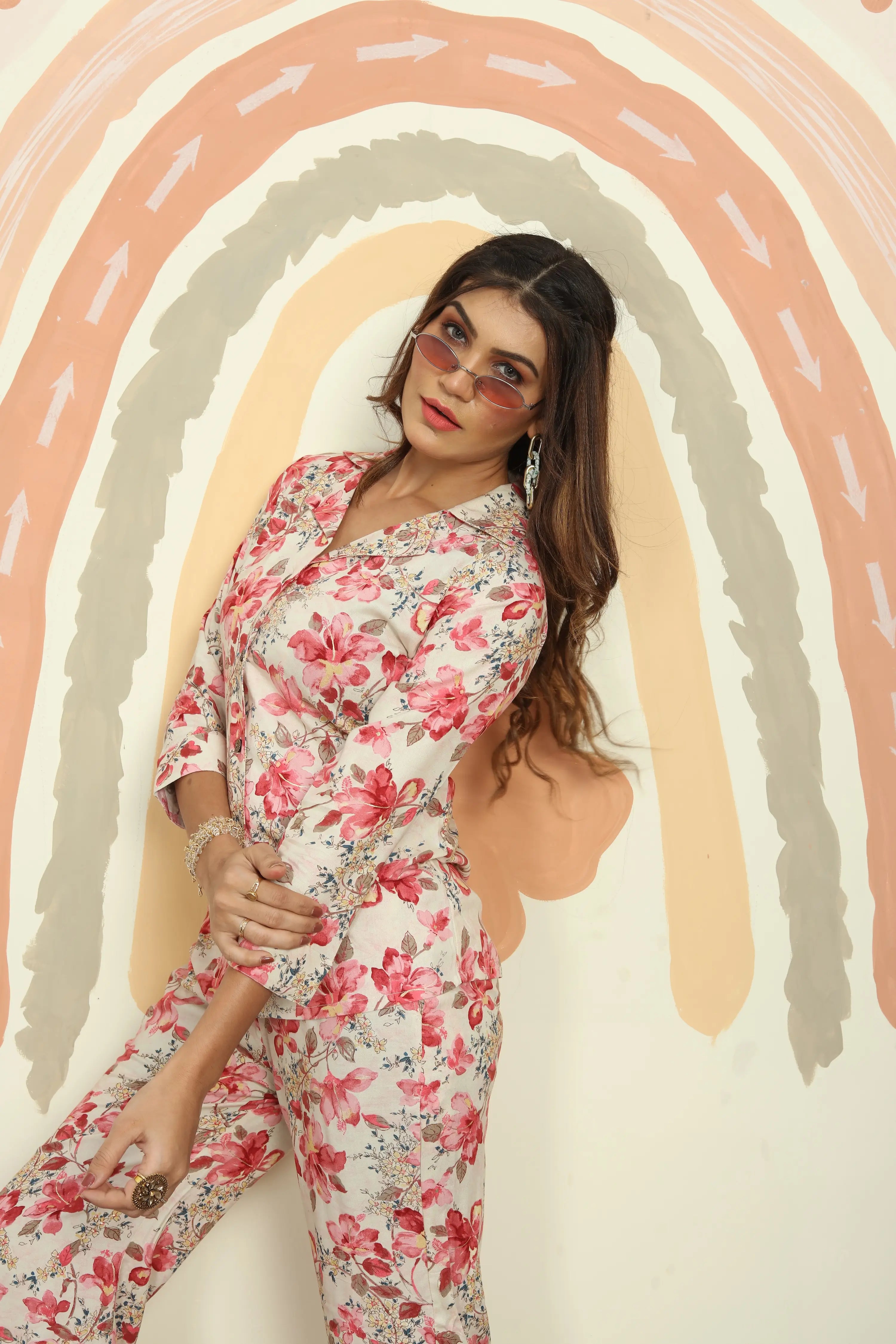 Red And Beige Floral Print Co-ord Set - qivii