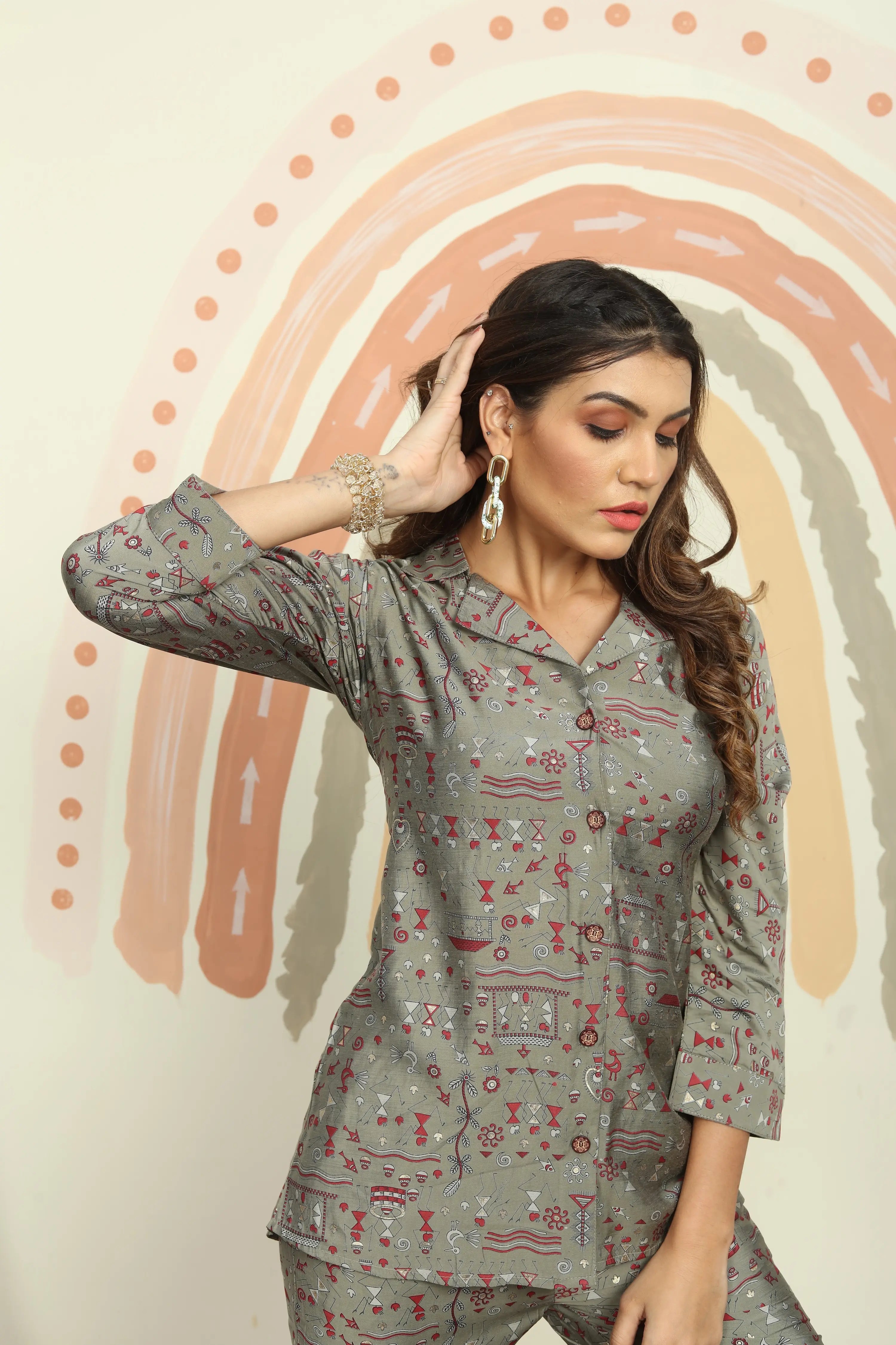 Olive Green Printed Co-ord Set - qivii