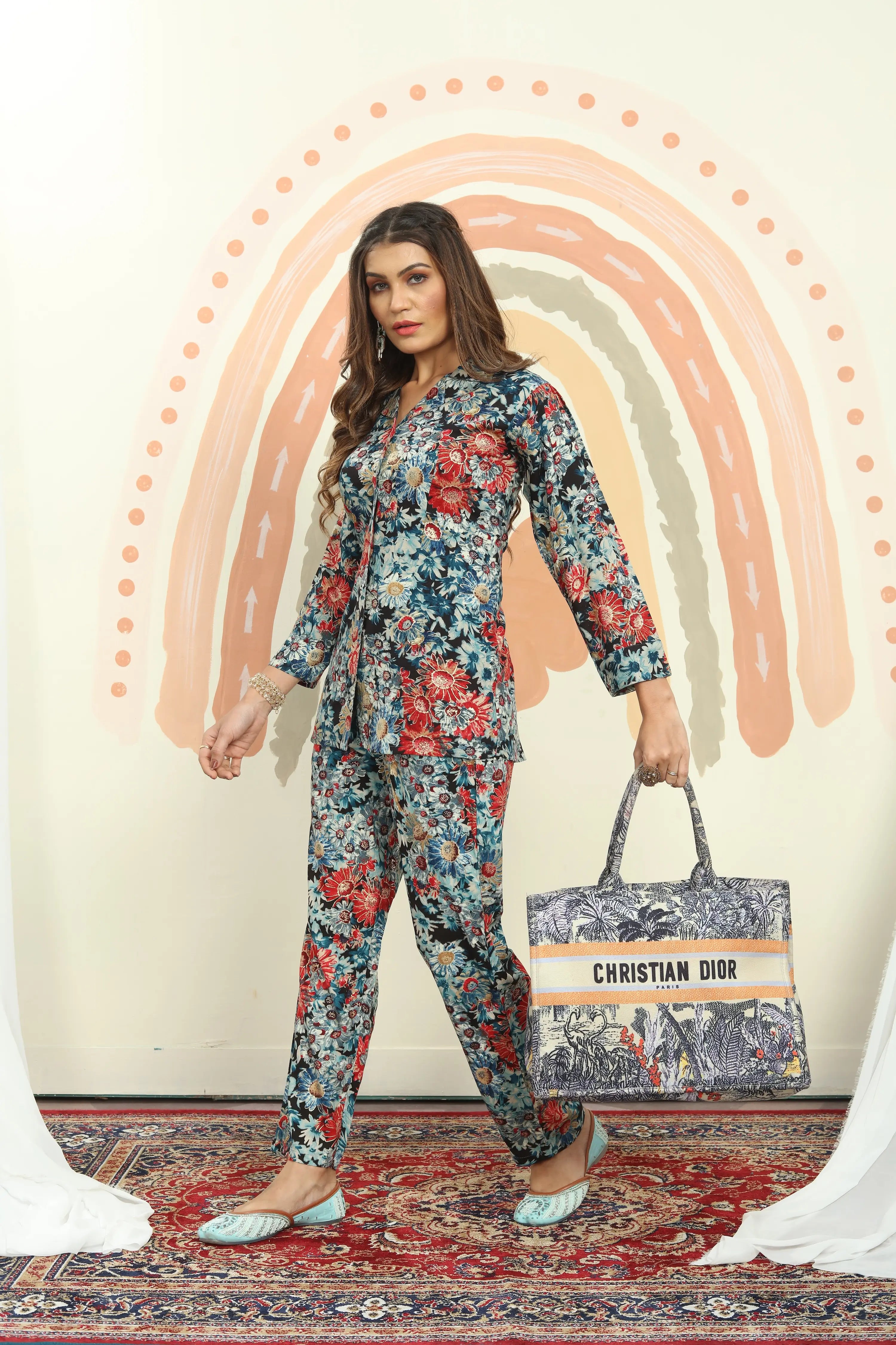 Red and Blue Floral Print Co-ord Set - qivii