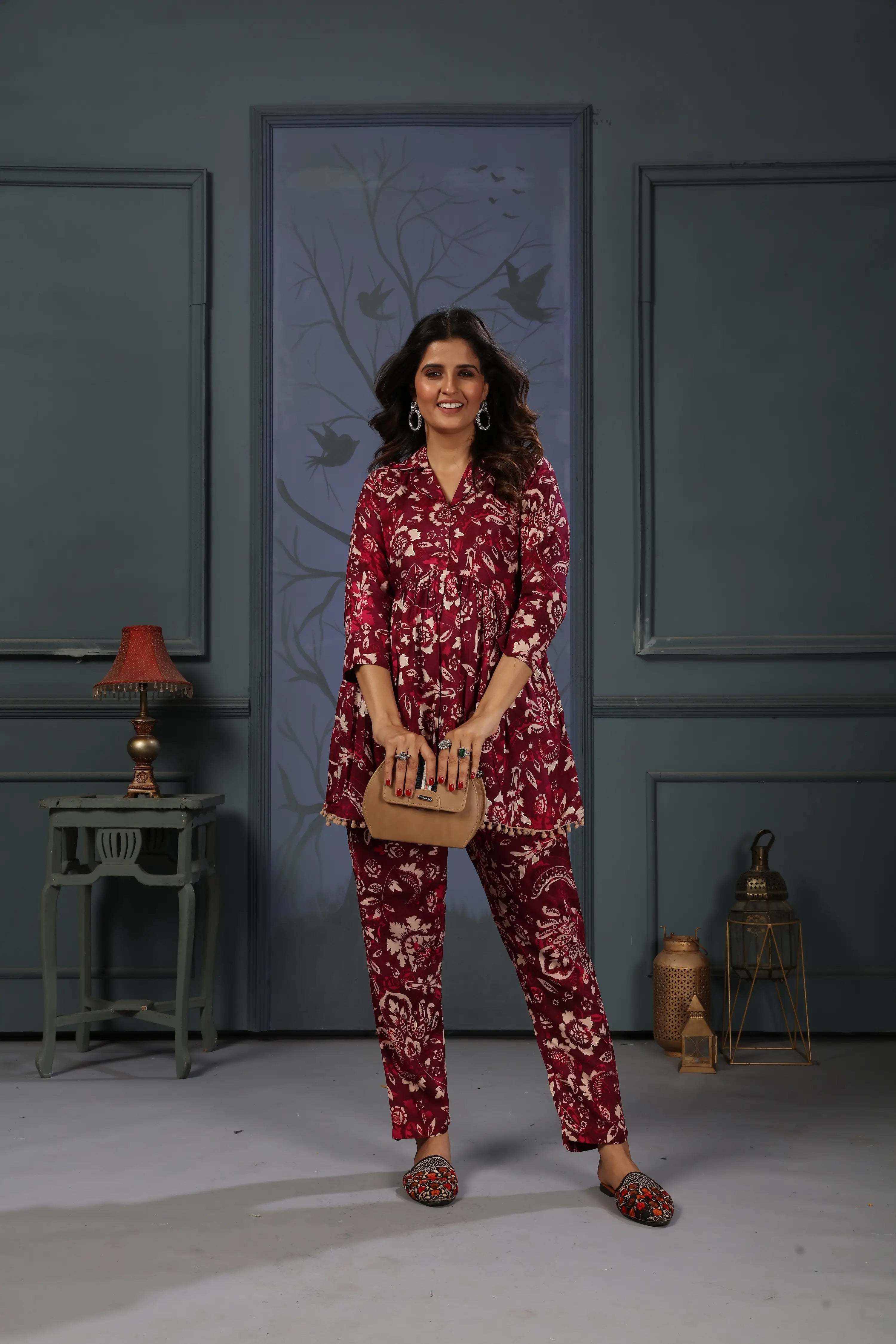 Cherry Red Printed Co-ord Set - qivii