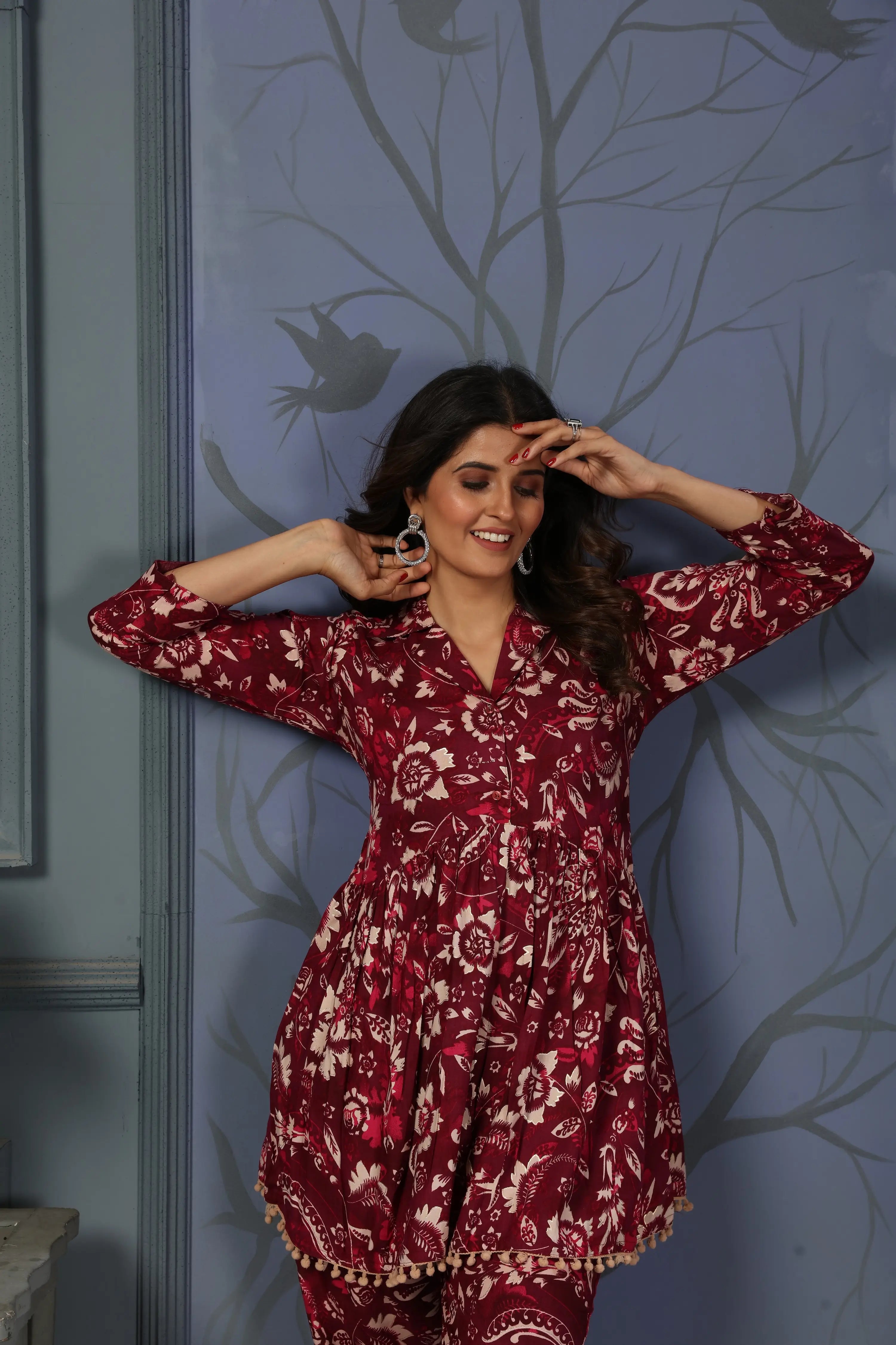 Cherry Red Printed Co-ord Set - qivii