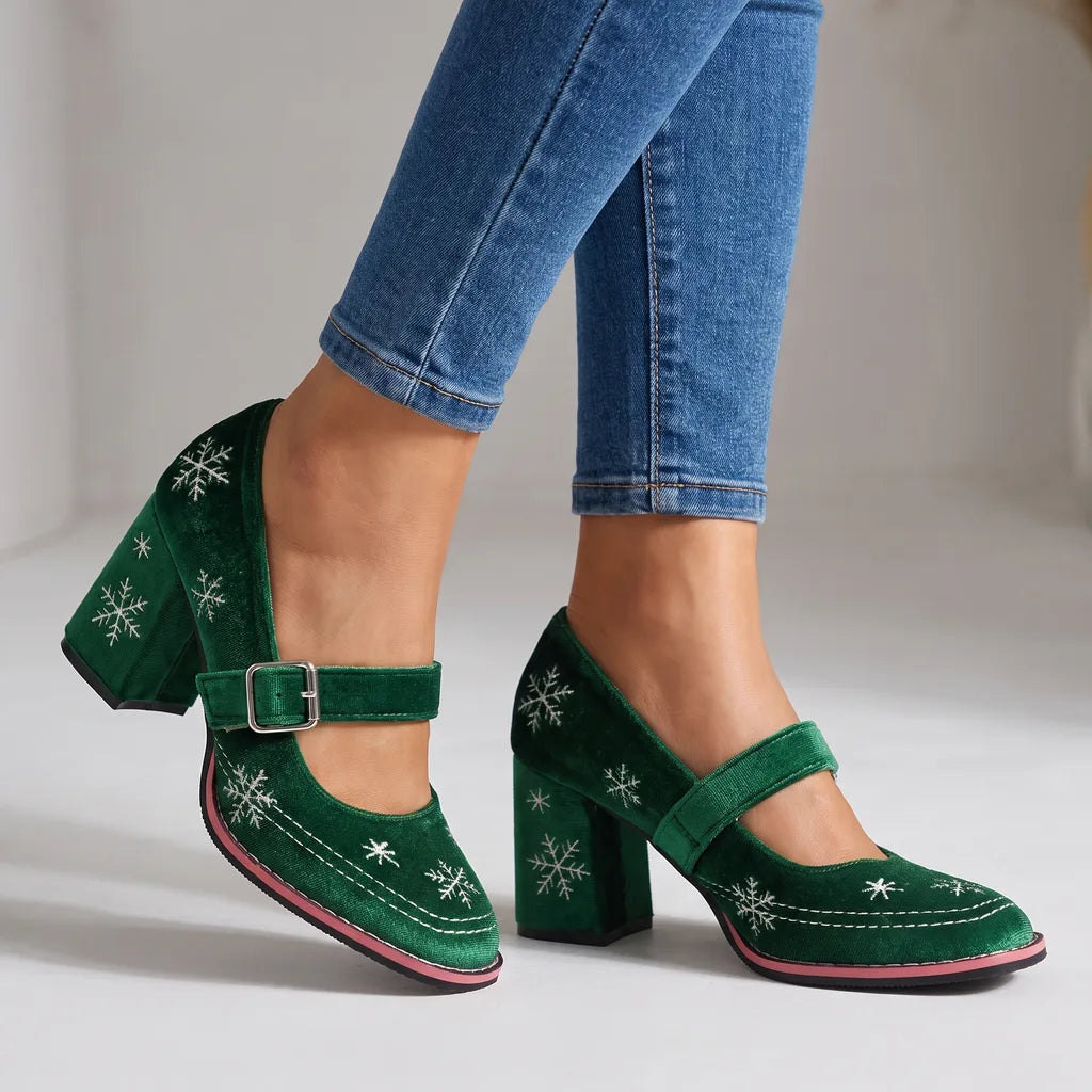 Green velvet Mary Jane heels for women by Hudson Ridge, featuring a festive design and classic strap style.