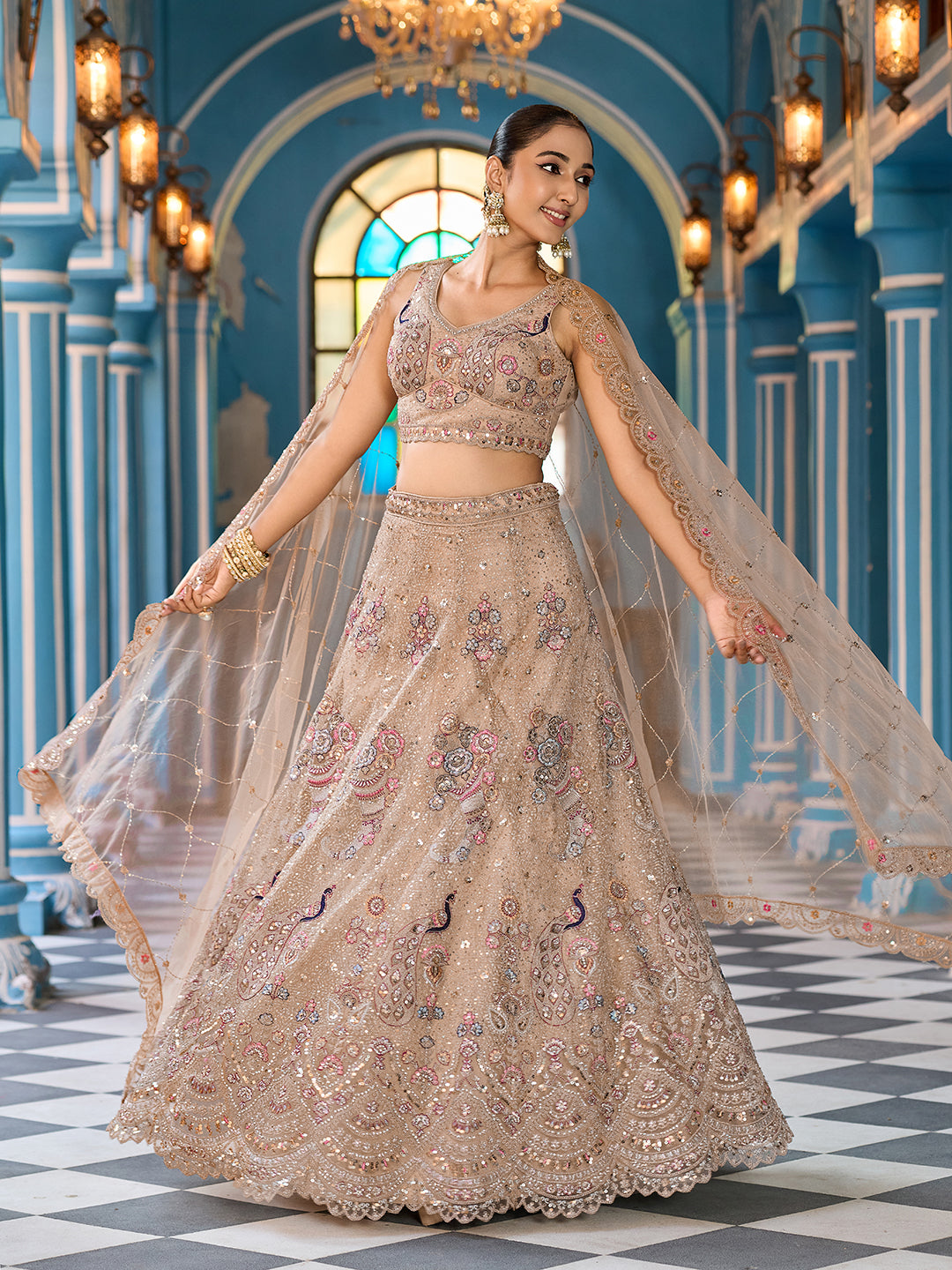 BEIGE - Net Fabric Sequins embroidery Lehenga & Unstitched Blouse With Dupatta