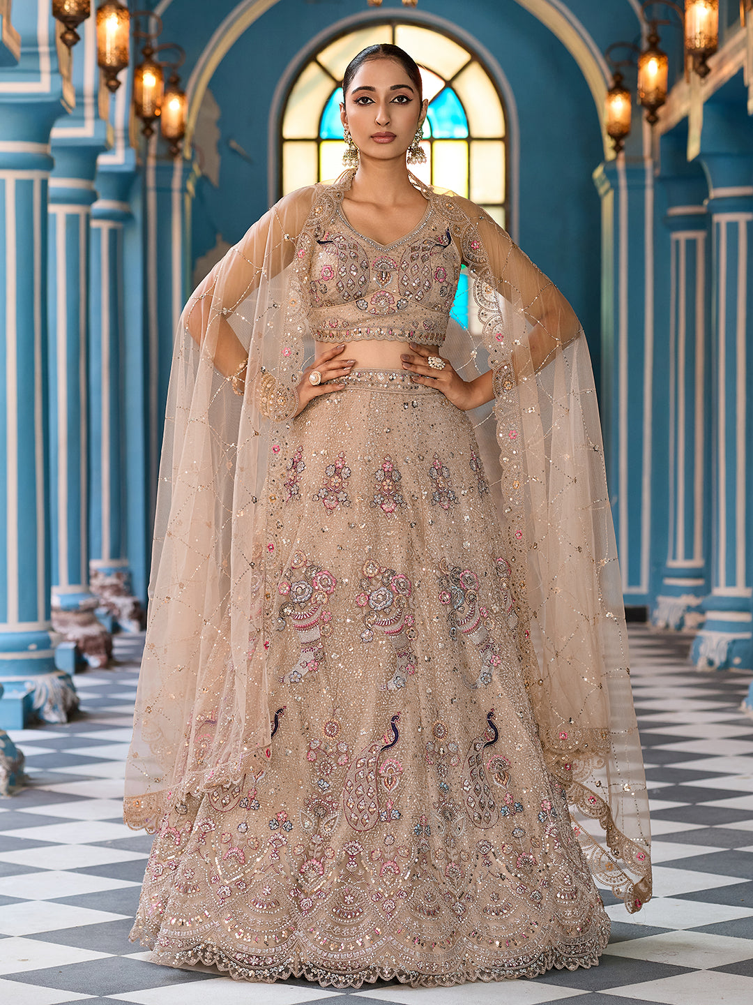 BEIGE - Net Fabric Sequins embroidery Lehenga & Unstitched Blouse With Dupatta