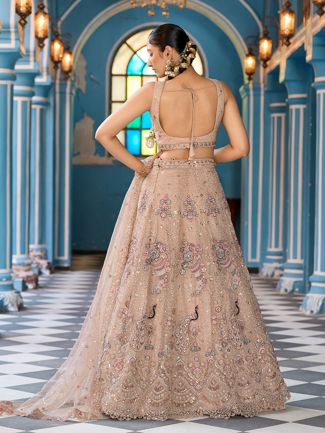 BEIGE - Net Fabric Sequins embroidery Semi-Stitched Lehenga & Unstitched Blouse With Dupatta