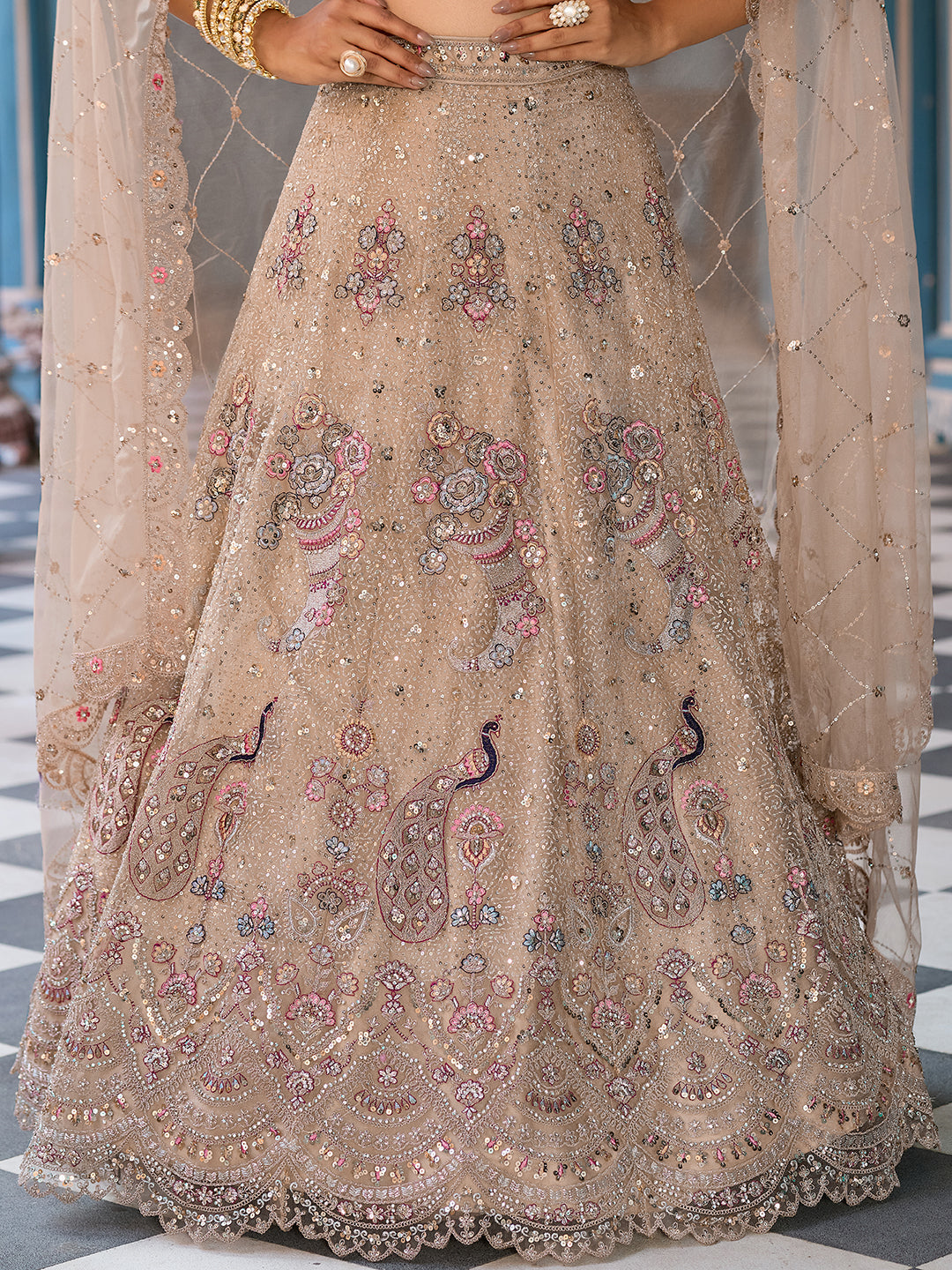 BEIGE - Net Fabric Sequins embroidery Lehenga & Unstitched Blouse With Dupatta