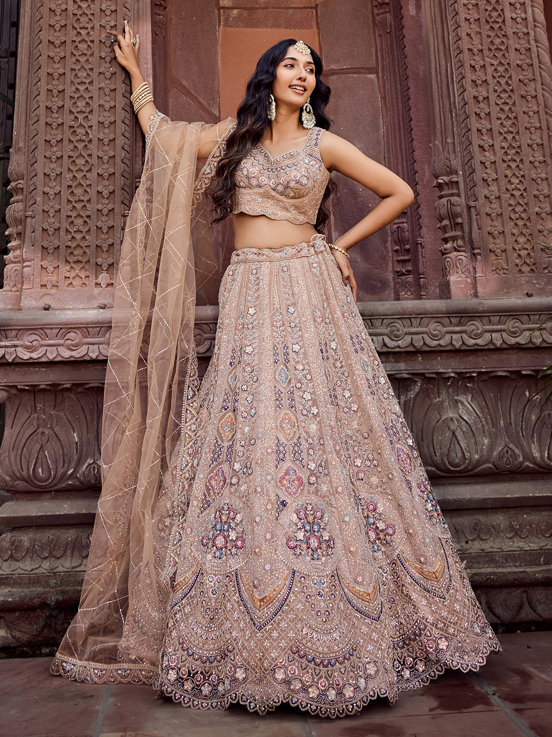 BEIGE - Net Fabric Sequins embroidery Semi-Stitched Lehenga & Unstitched Blouse With Dupatta