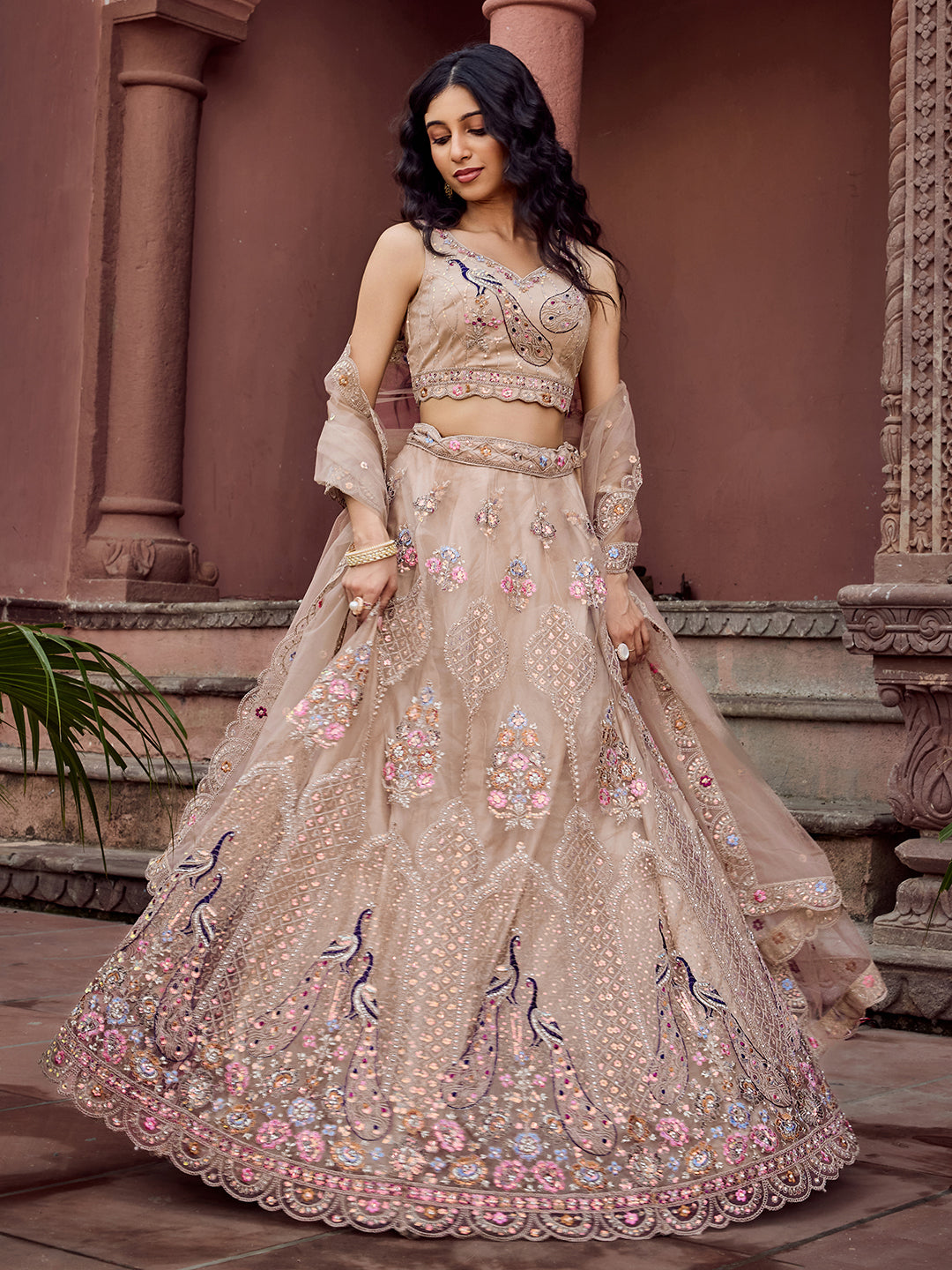 BEIGE - Net Fabric Sequins embroidery Lehenga & Unstitched Blouse With Dupatta