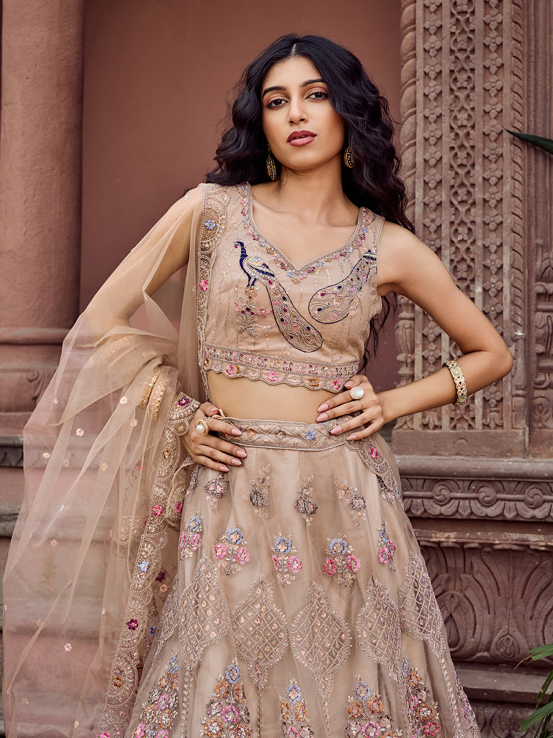 BEIGE - Net Fabric Sequins embroidery Lehenga & Unstitched Blouse With Dupatta