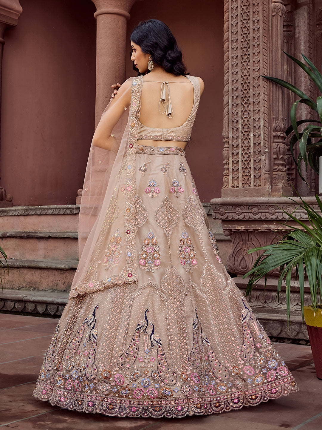 BEIGE - Net Fabric Sequins embroidery Lehenga & Unstitched Blouse With Dupatta