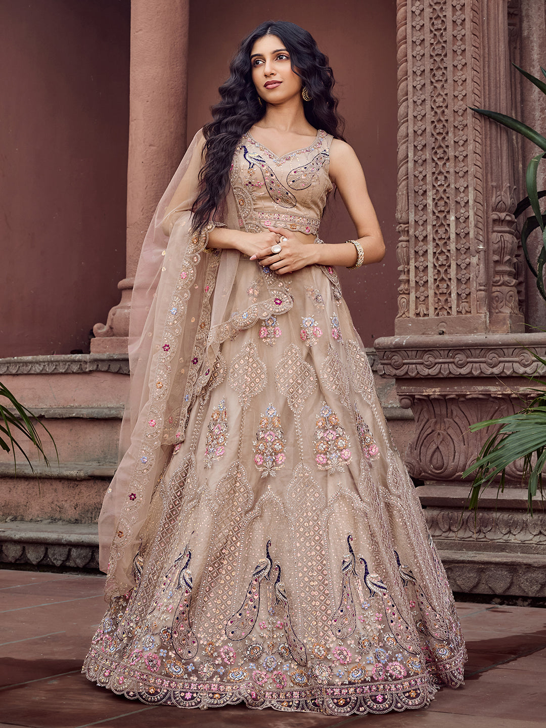 BEIGE - Net Fabric Sequins embroidery Lehenga & Unstitched Blouse With Dupatta