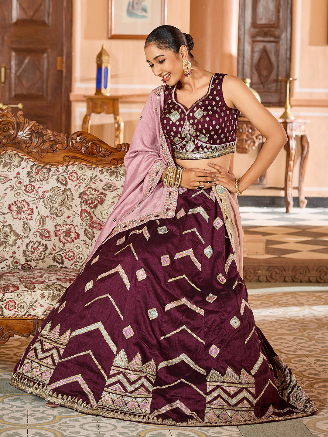 BROWN - Silk Fabric Sequins embroidery Semi-Stitched Lehenga & Unstitched Blouse With Dupatta