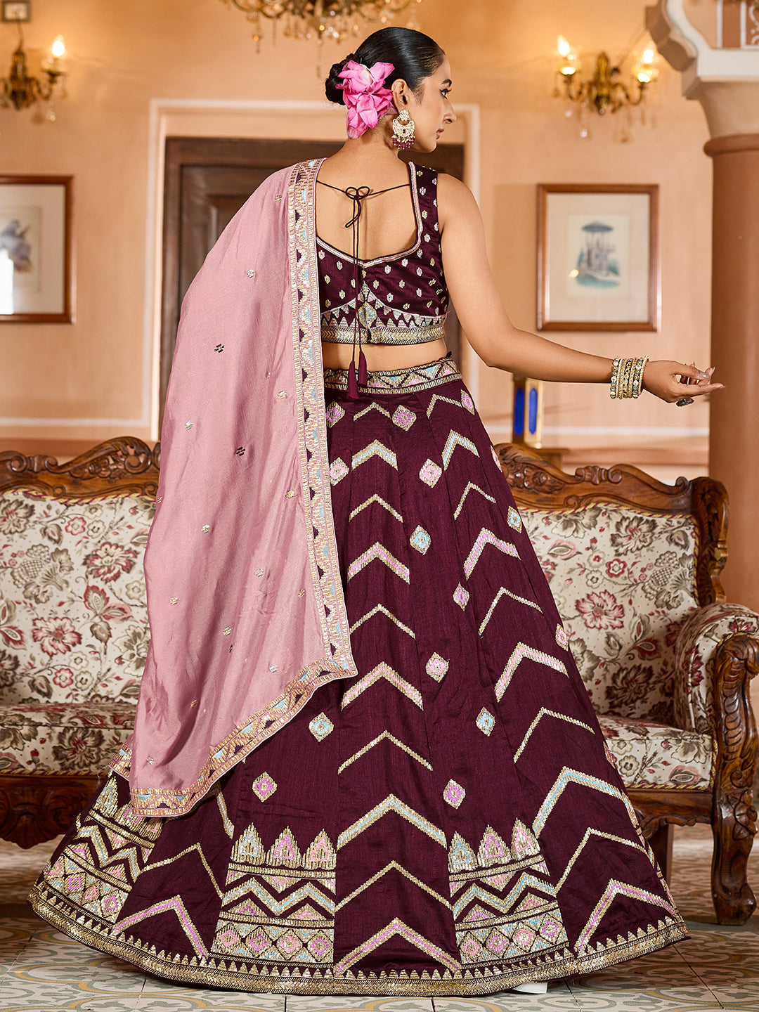 BROWN - Silk Fabric Sequins embroidery Lehenga & Unstitched Blouse With Dupatta