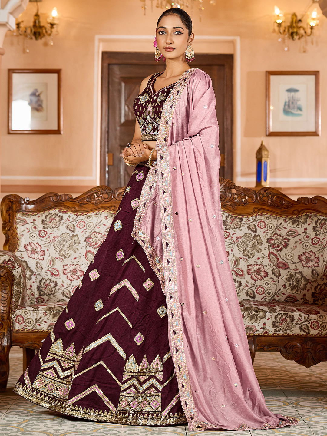 BROWN - Silk Fabric Sequins embroidery Lehenga & Unstitched Blouse With Dupatta