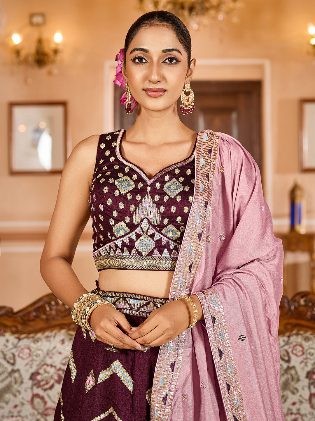 BROWN - Silk Fabric Sequins embroidery Lehenga & Unstitched Blouse With Dupatta