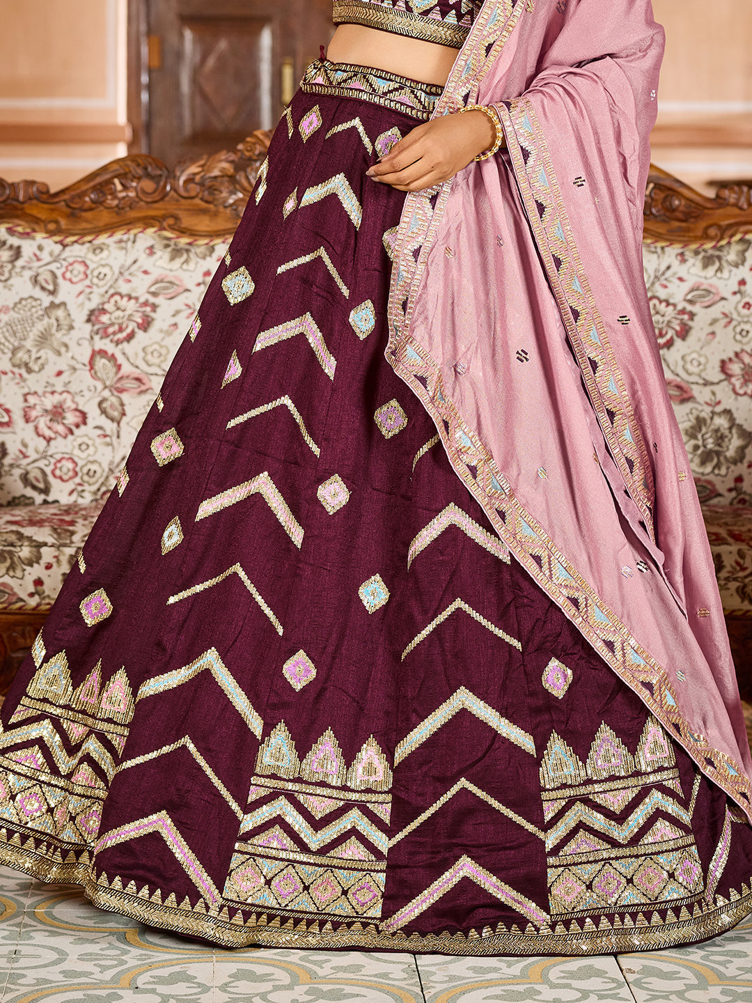 BROWN - Silk Fabric Sequins embroidery Semi-Stitched Lehenga & Unstitched Blouse With Dupatta
