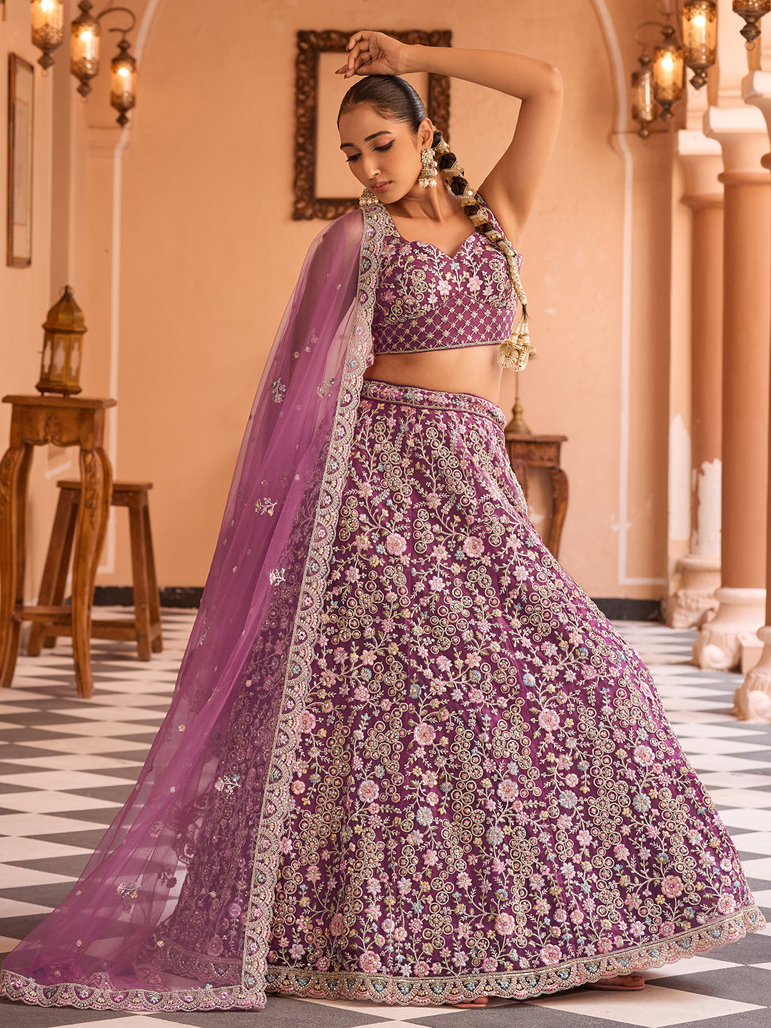BURGUNDY - Net Fabric Sequins embroidery Semi-Stitched Lehenga & Unstitched Blouse With Dupatta