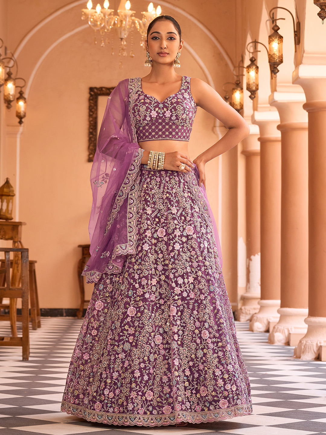 BURGUNDY - Net Fabric Sequins embroidery Lehenga & Unstitched Blouse With Dupatta