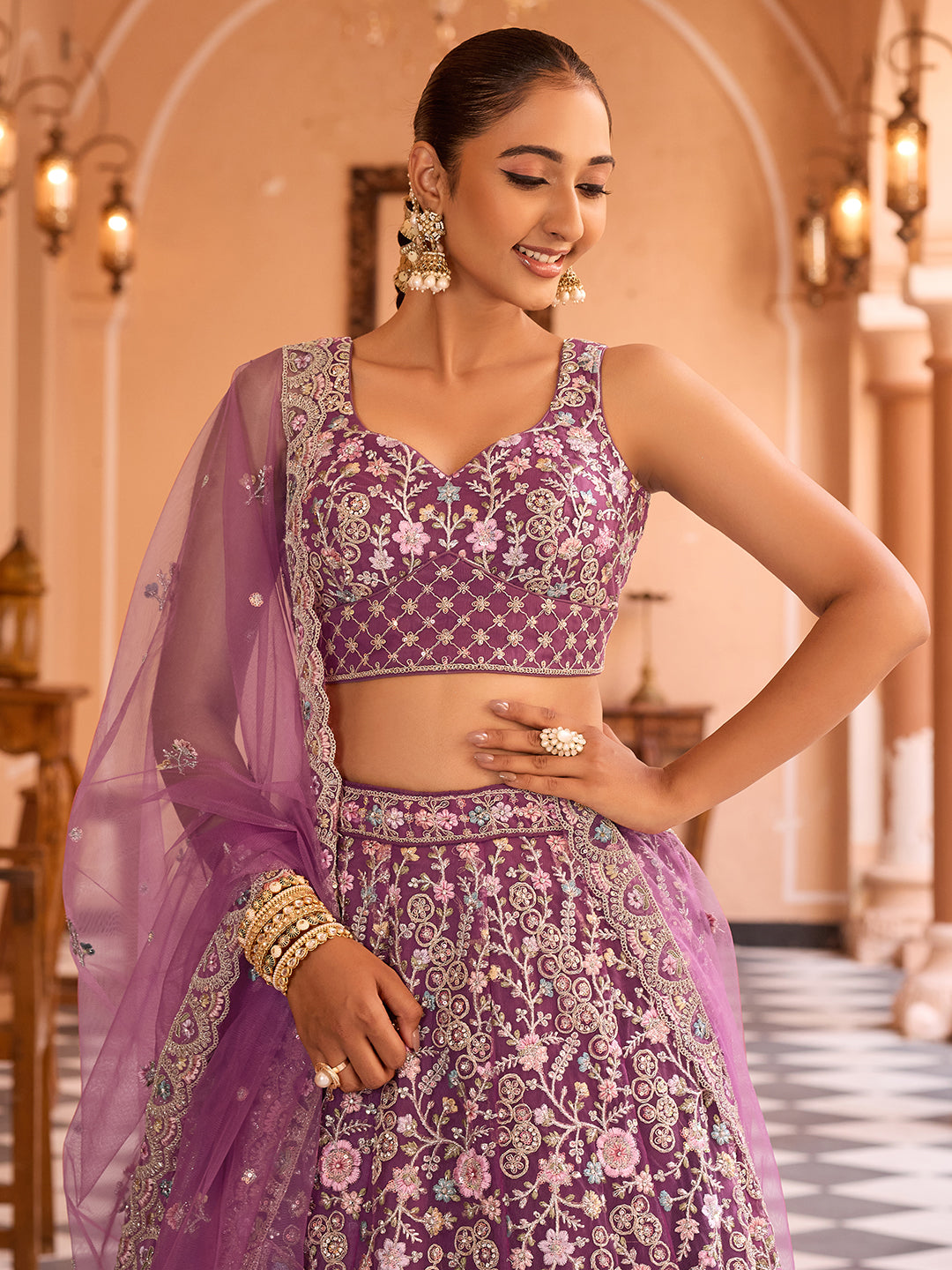 BURGUNDY - Net Fabric Sequins embroidery Lehenga & Unstitched Blouse With Dupatta