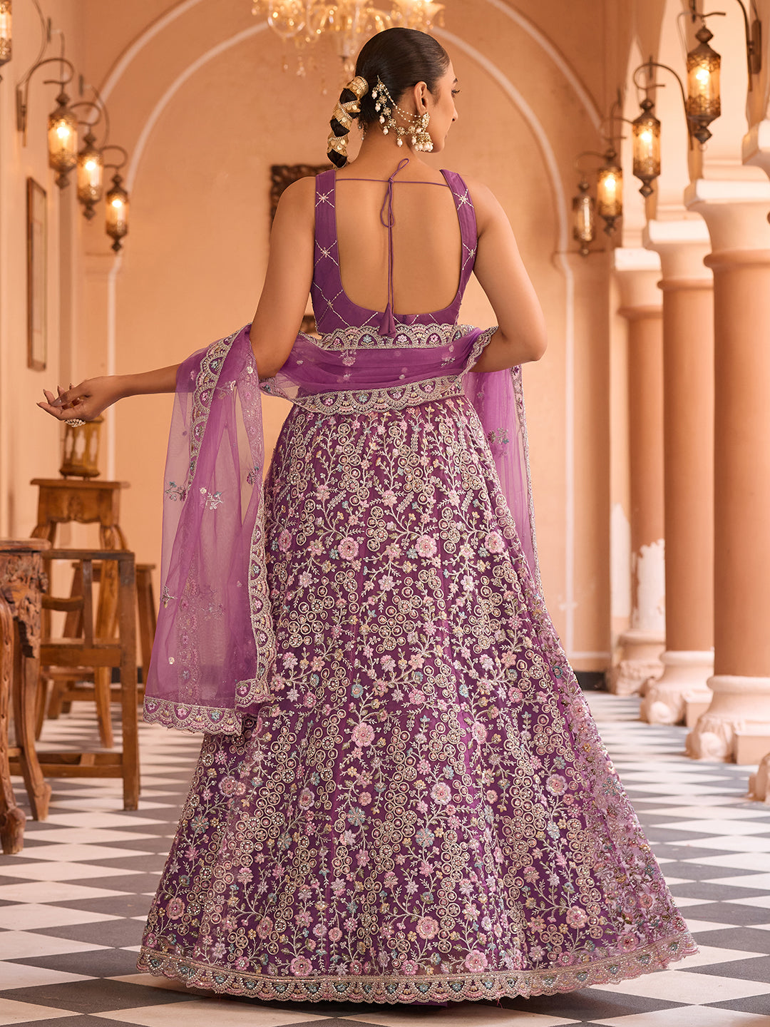 BURGUNDY - Net Fabric Sequins embroidery Lehenga & Unstitched Blouse With Dupatta