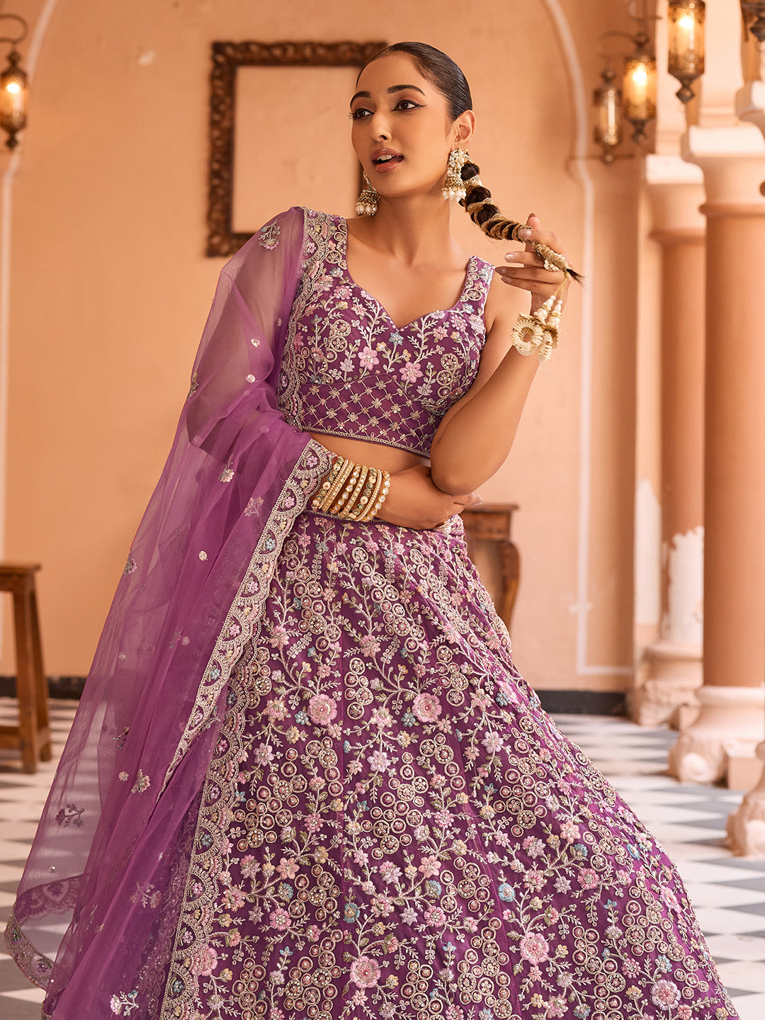 BURGUNDY - Net Fabric Sequins embroidery Lehenga & Unstitched Blouse With Dupatta