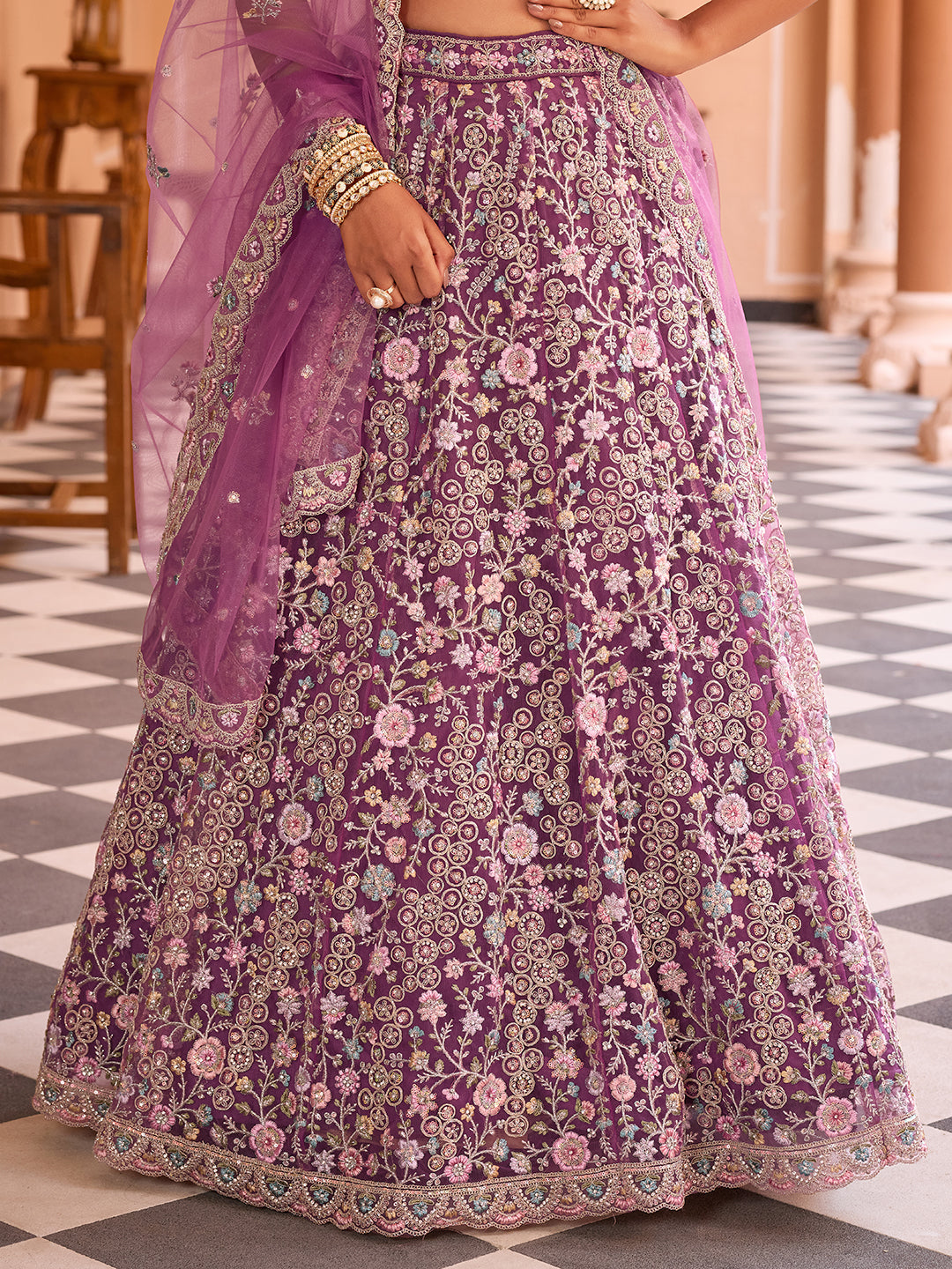 BURGUNDY - Net Fabric Sequins embroidery Lehenga & Unstitched Blouse With Dupatta