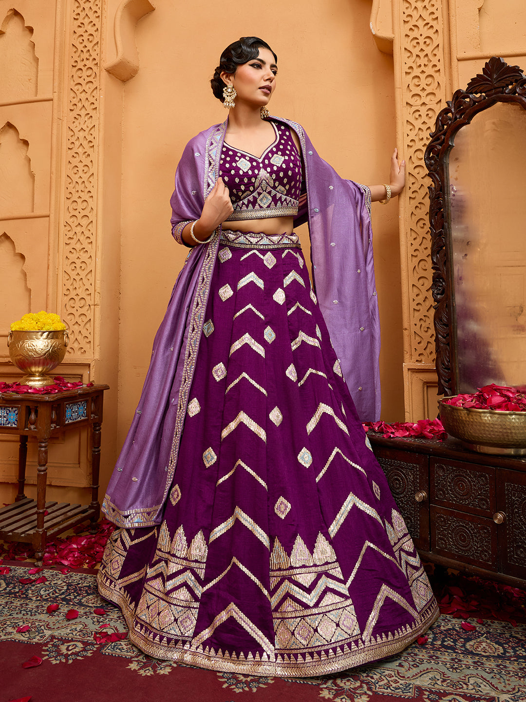 Burgundy- Silk Fabric Sequins embroidery Semi-Stitched Lehenga & Unstitched Blouse With Dupatta - qivii