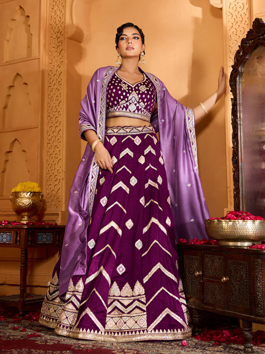 Burgundy- Silk Fabric Sequins embroidery Semi-Stitched Lehenga & Unstitched Blouse With Dupatta - qivii