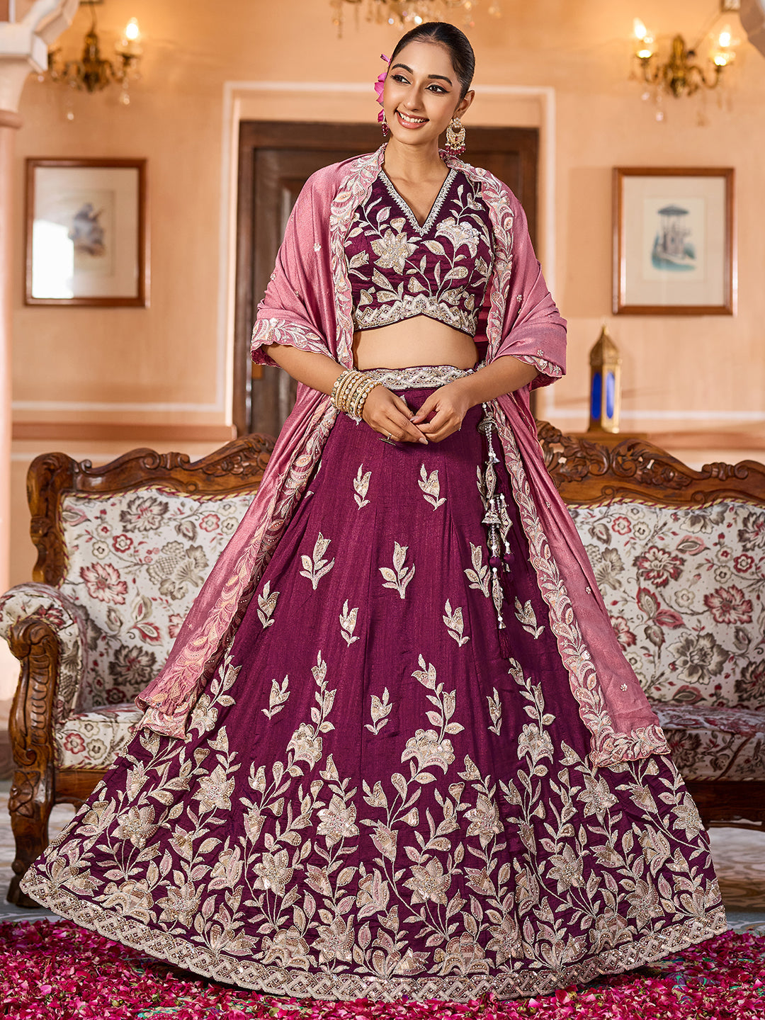 BURGUNDY - Silk Fabric Sequins embroidery Lehenga & Unstitched Blouse With Dupatta