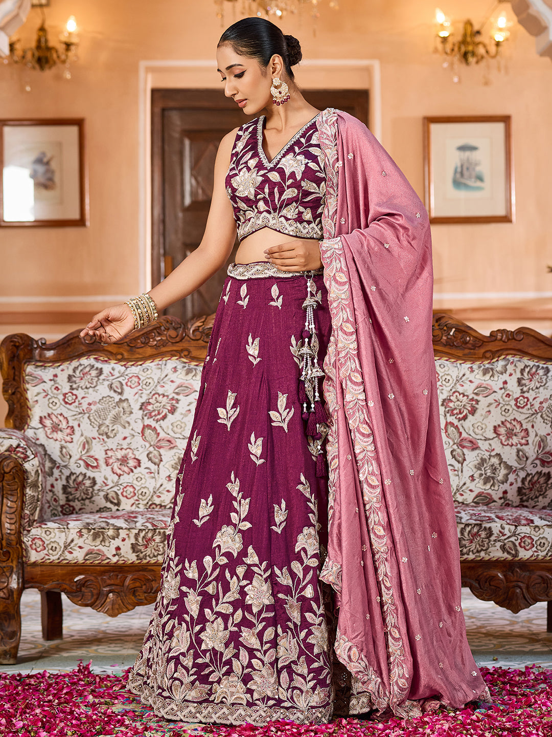BURGUNDY - Silk Fabric Sequins embroidery Lehenga & Unstitched Blouse With Dupatta